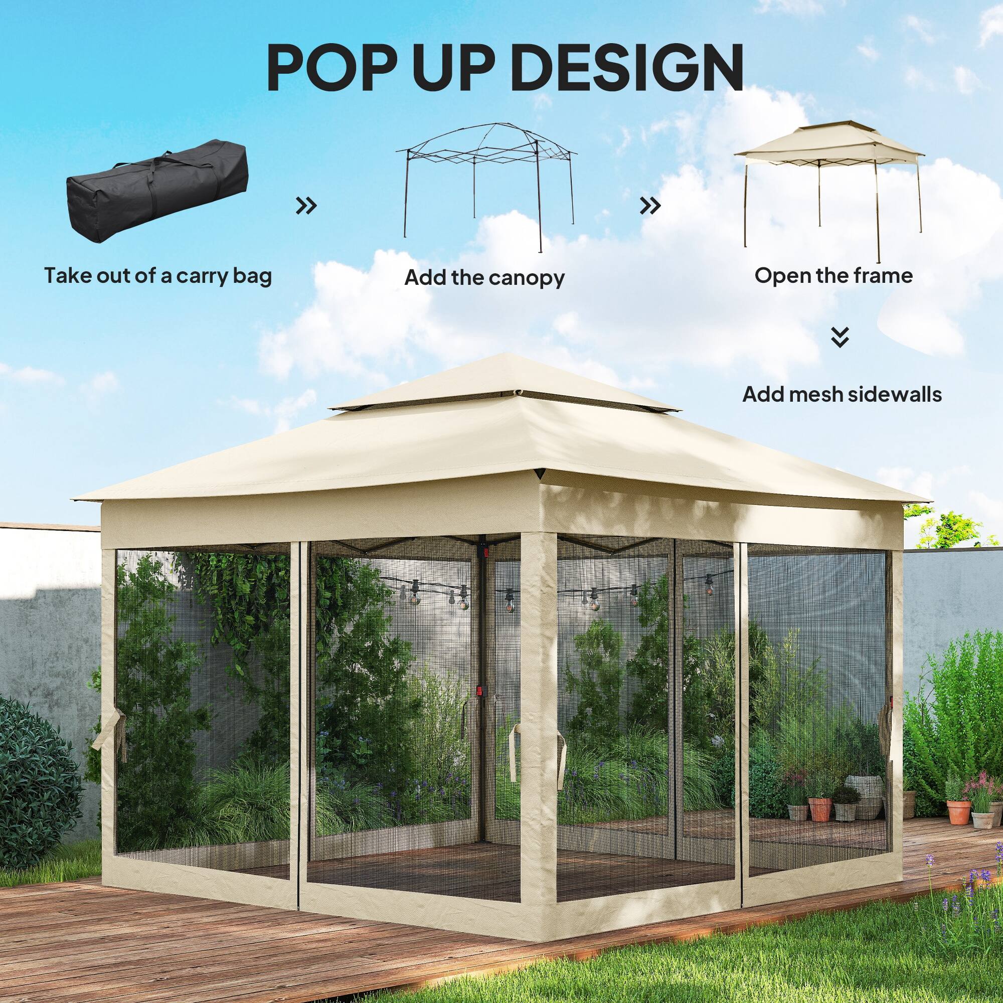 POP UP DESIGN

- Take out of a carry bag
- Add the canopy
- Open the frame
- Add mesh sidewalls