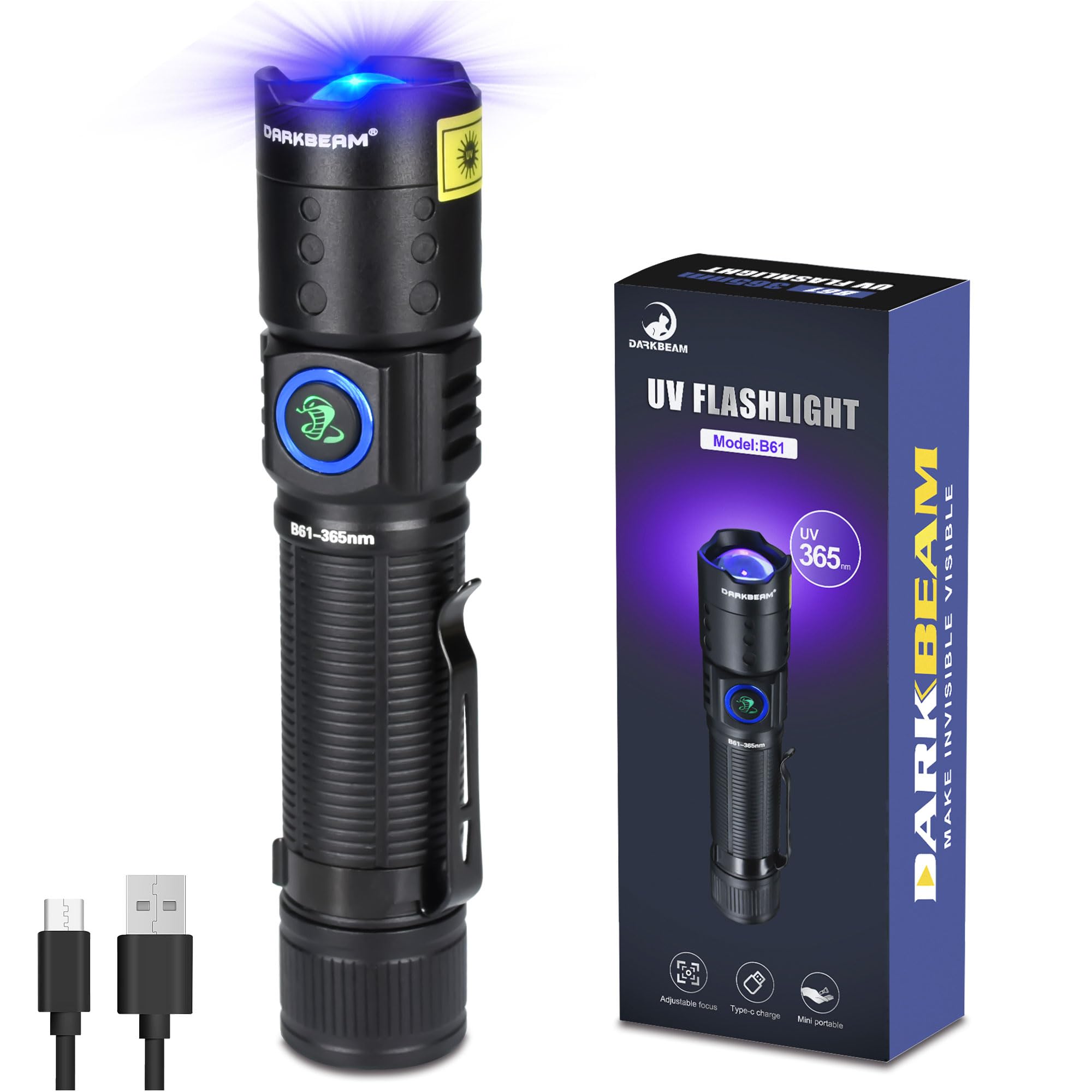 DARKBEAM  
861-365nm  
EEHFR 40  
DATKSEAM VU FLASHLIGHT  
Model: B61 UV R 365m - VISIBLE - DARKBEAM  
MAKE INVISIBLE  
Adjustable focus  
Type-c charge  
Mini portable