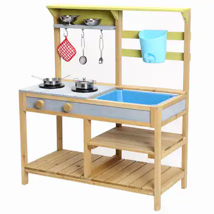 Front. Acekool - Wooden Indoor Outdoor Mud Kitchen for Kids with Sink, Water Box, Stove, Storage Shelves, Pretend Play Set 3+ - Yellow.