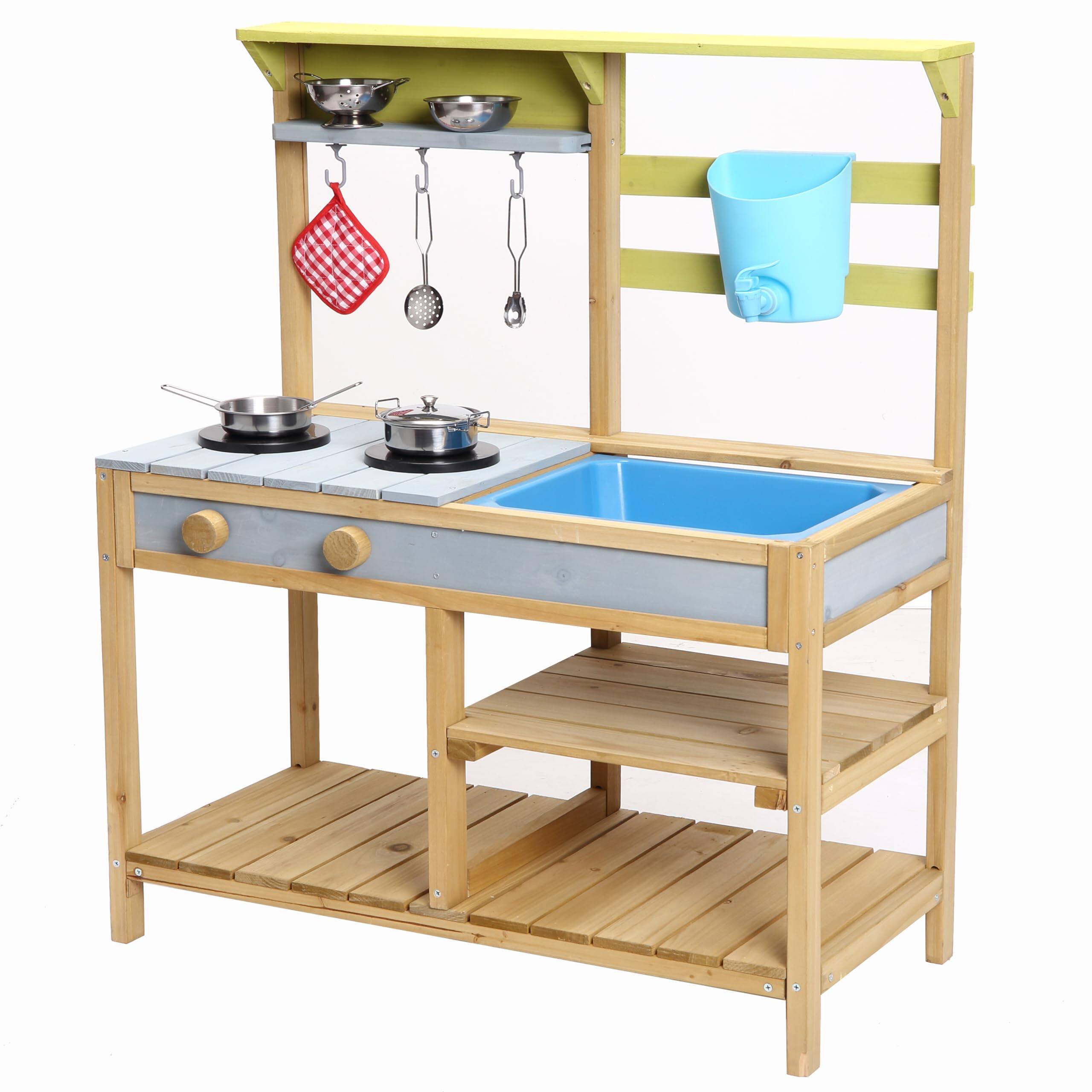 Front. Acekool - Wooden Indoor Outdoor Mud Kitchen for Kids with Sink, Water Box, Stove, Storage Shelves, Pretend Play Set 3+ - Yellow.
