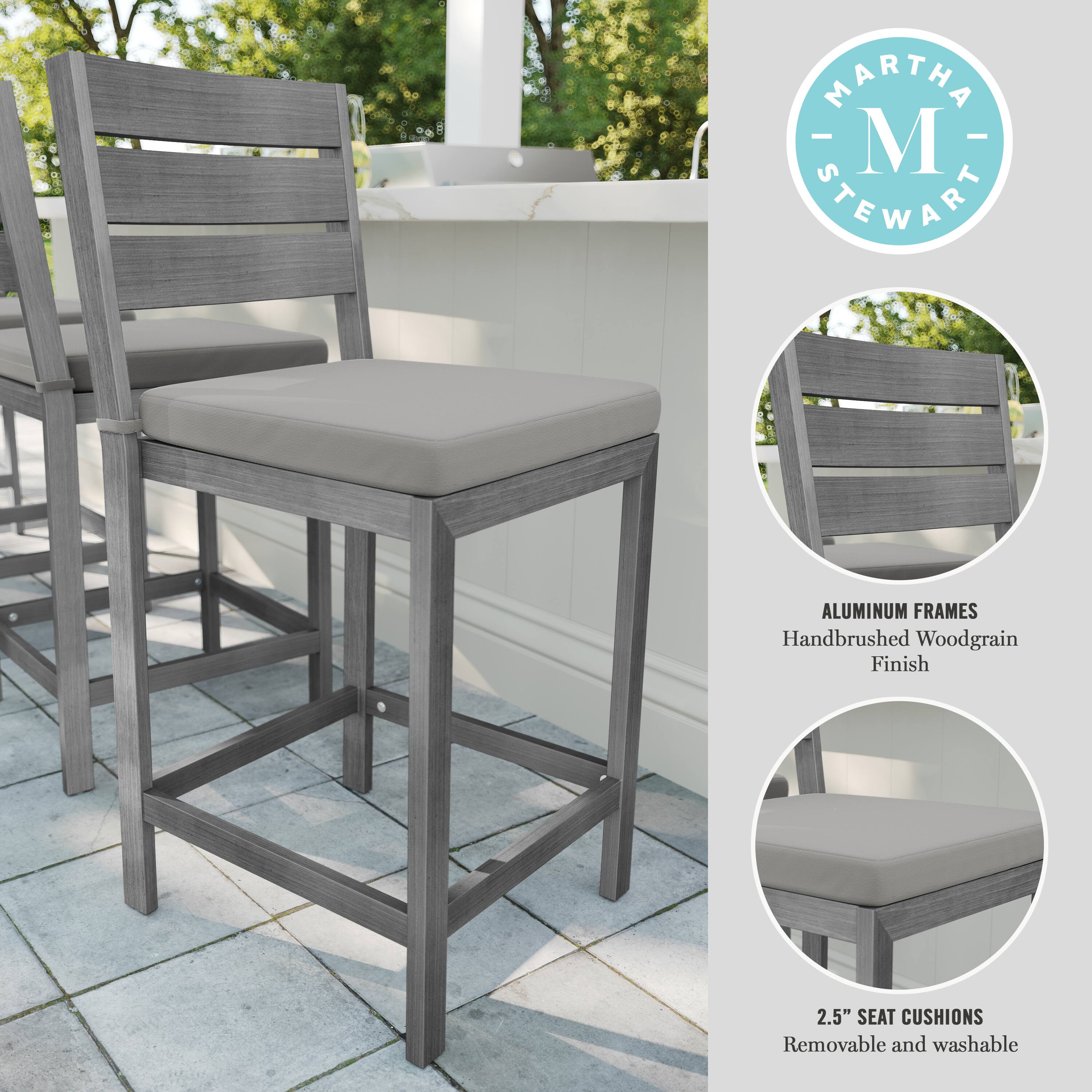 The text on the image reads: "Martha - M Stewart Aluminum Frames Handbrushed Woodgrain Finish 2.5" Seat Cushions Removable and washable."