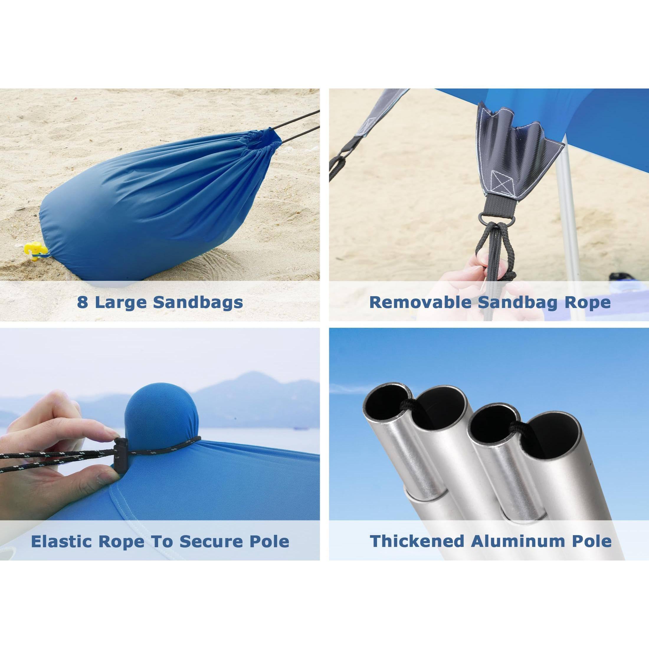 8 Large Sandbags  
Removable Sandbag Rope  
Elastic Rope To Secure Pole  
Thickened Aluminum Pole