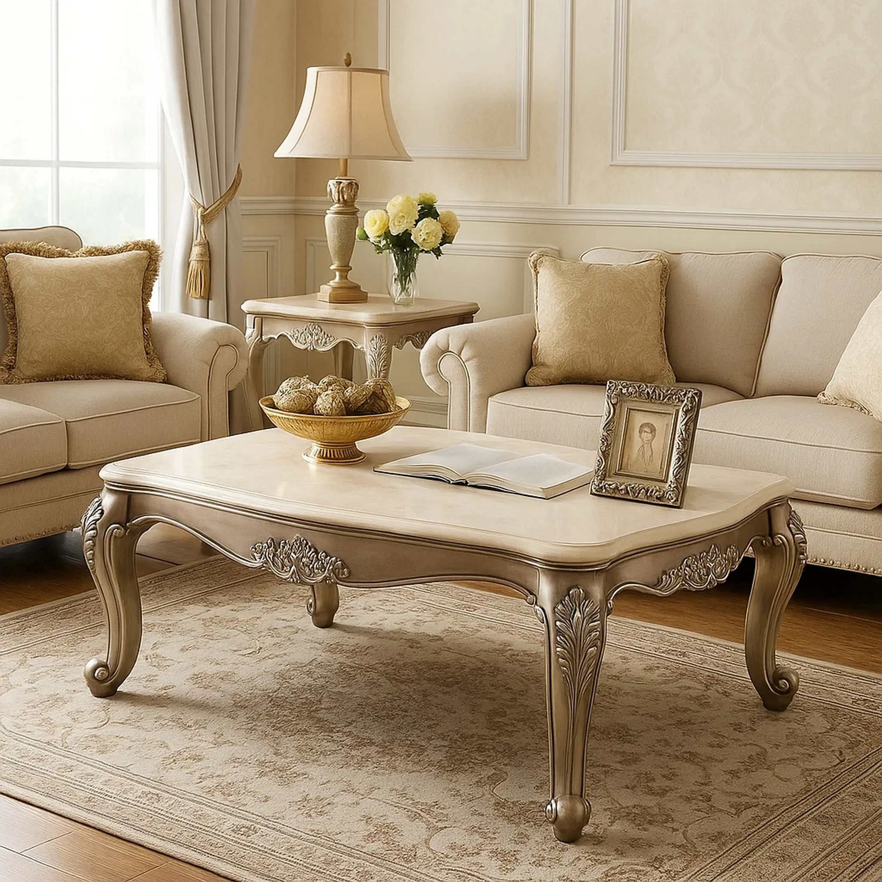 Alt View 5. Manhattan Lane - Faux Marble Top Engraved Wooden Frame Coffee Table - White and Gold.
