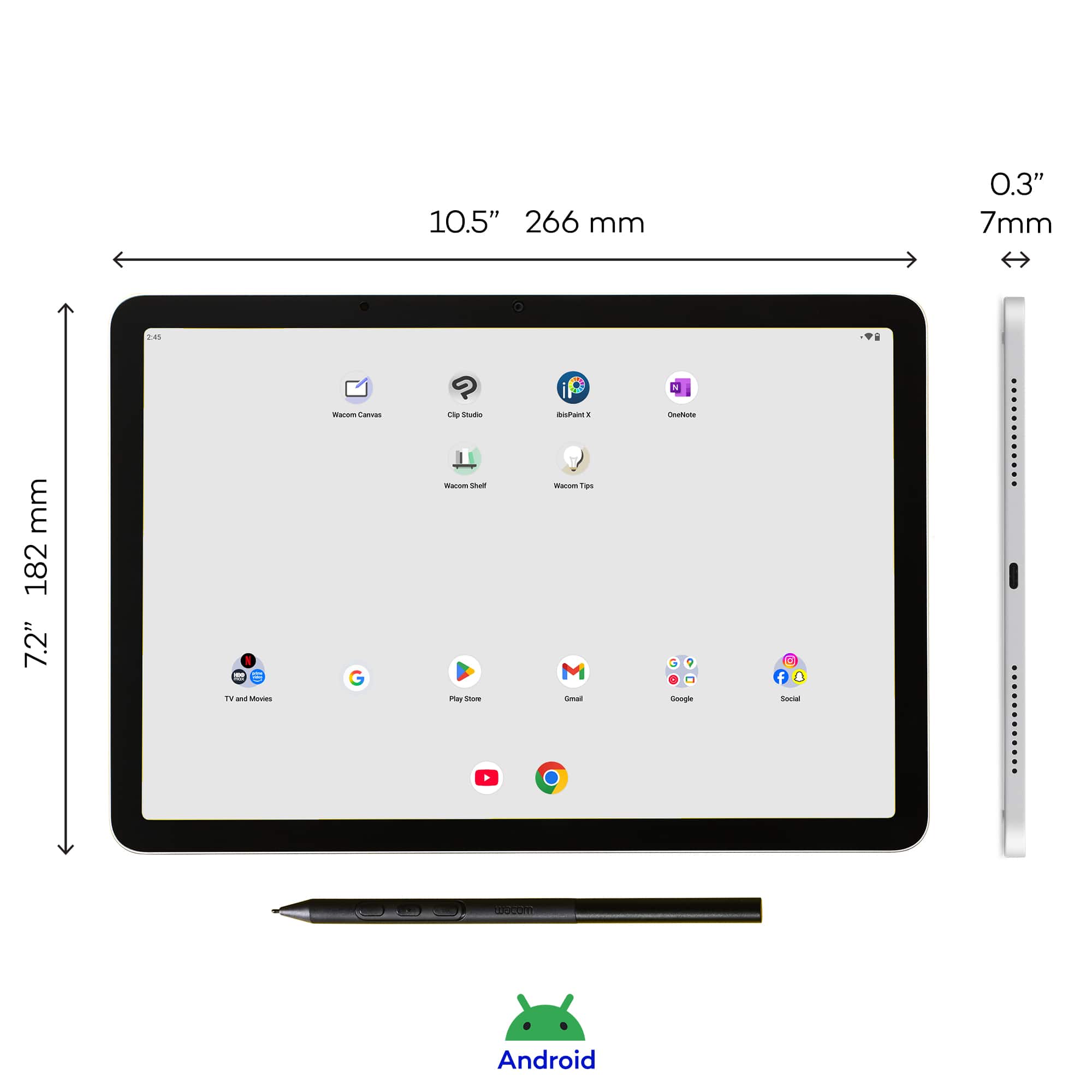 10.5" 266 mm 0.3" 7 mm 182 7.2" 2 TV - Movies - T - Md wurom shape P - . Warsm 1g0 -mal - Onogle T f A Social ........... EScom Android