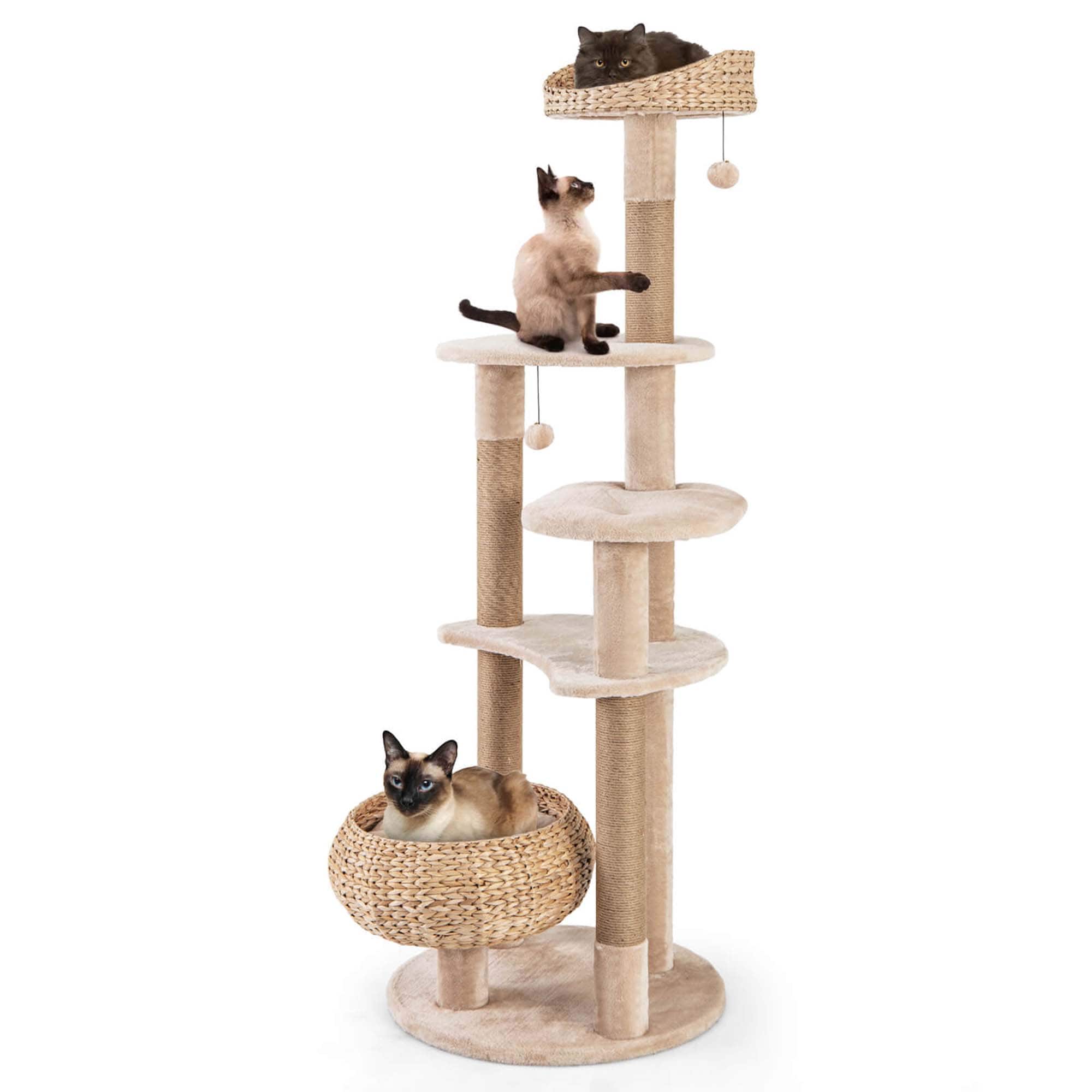 "Costway - 65"" Cattail Cat Tower with Jute Scratching Posts Perch Basket Bed Dangling Balls - Beige,Natural" price history on PriceWatchPro