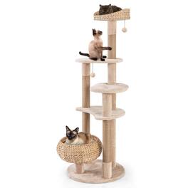 Costway - 65" Cattail Cat Tower with Jute Scratching Posts Perch Basket Bed Dangling Balls - Beige,Natural