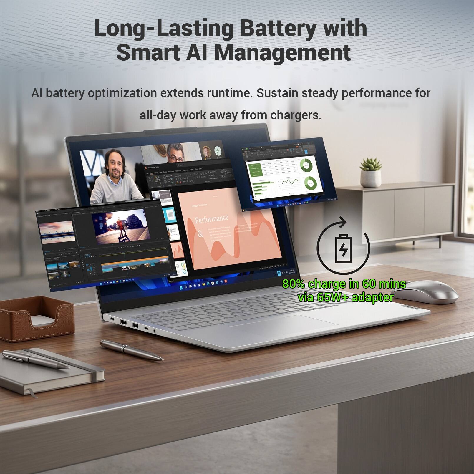 Long-Lasting Battery with Smart AI Management

AI battery optimization extends runtime. Sustain steady performance for all-day work away from chargers.

80% charge in 60 mins via 65W+ adapter
