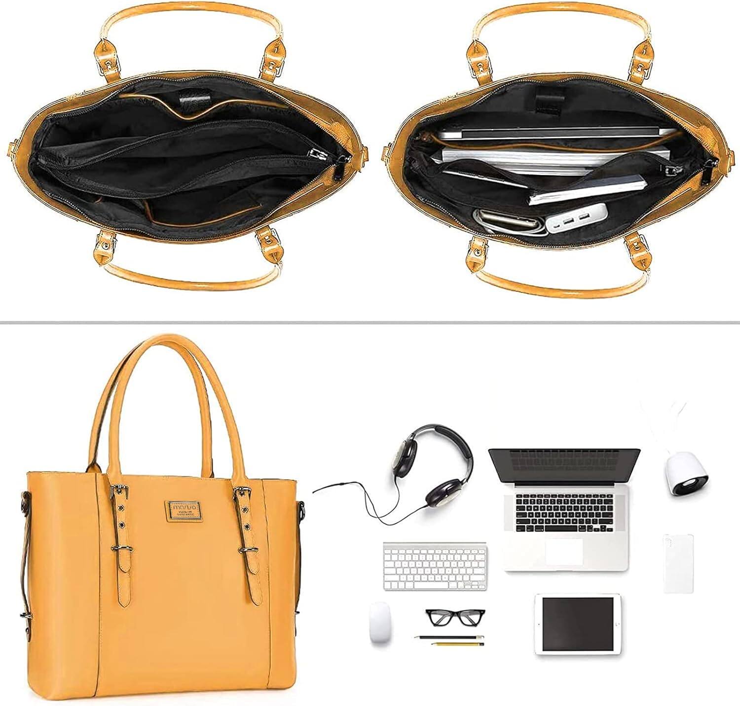 Left. mosiso - Waterproof PU Leather Laptop Bag for Women 17.3 Inch, Vintage Briefcase Shoulder Tote Computer Bag for Work & Office - Mustard Yellow.