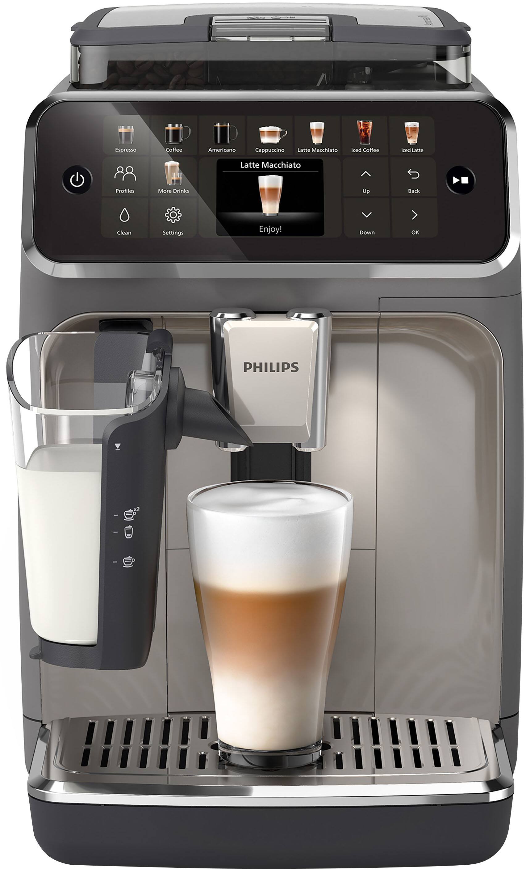 Espresso  
Coffee  
Americano  
Cappuccino  
Latte Macchiato  
Iced Coffee  
Iced Latte  

Profiles  
More Drinks  
Clean  
Settings  

Up  
Back  
Down  
OK  

Enjoy!  

PHILIPS
