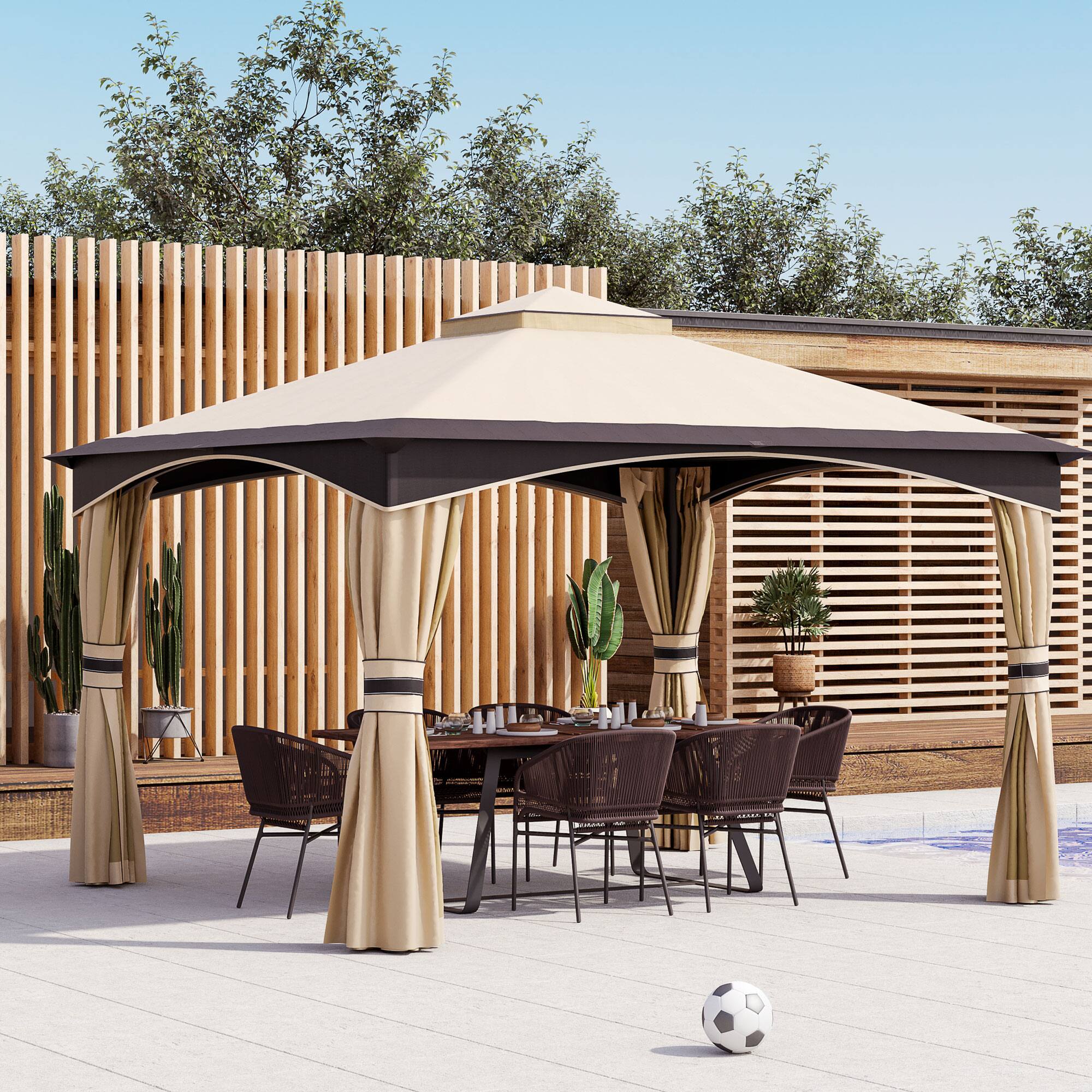Angle. Outsunny - 10' x 12' Outdoor Gazebo with Netting and Curtains, Patio Gazebo Canopy with 2-Tier Soft Top Roof - Beige/Brown.