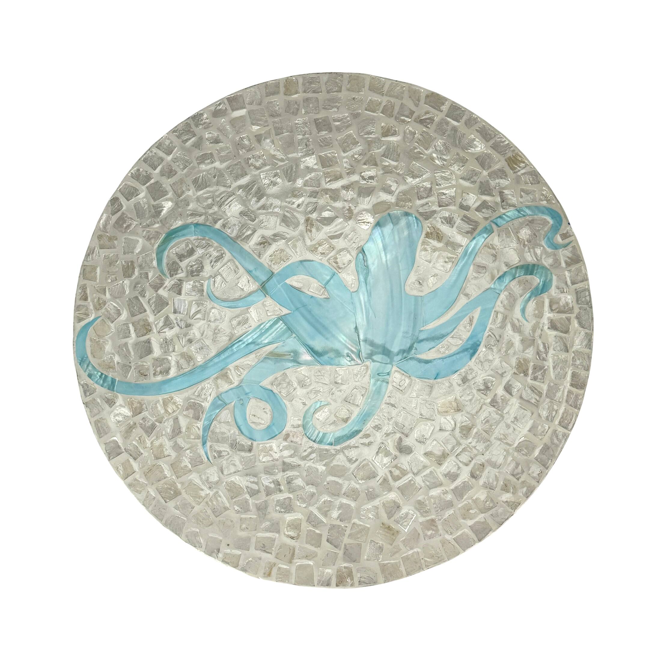Zeckos - Octopus Lazy Susan 16 in Capiz Shell Mosaic Rotating Tray Coastal Decor - Light Blue