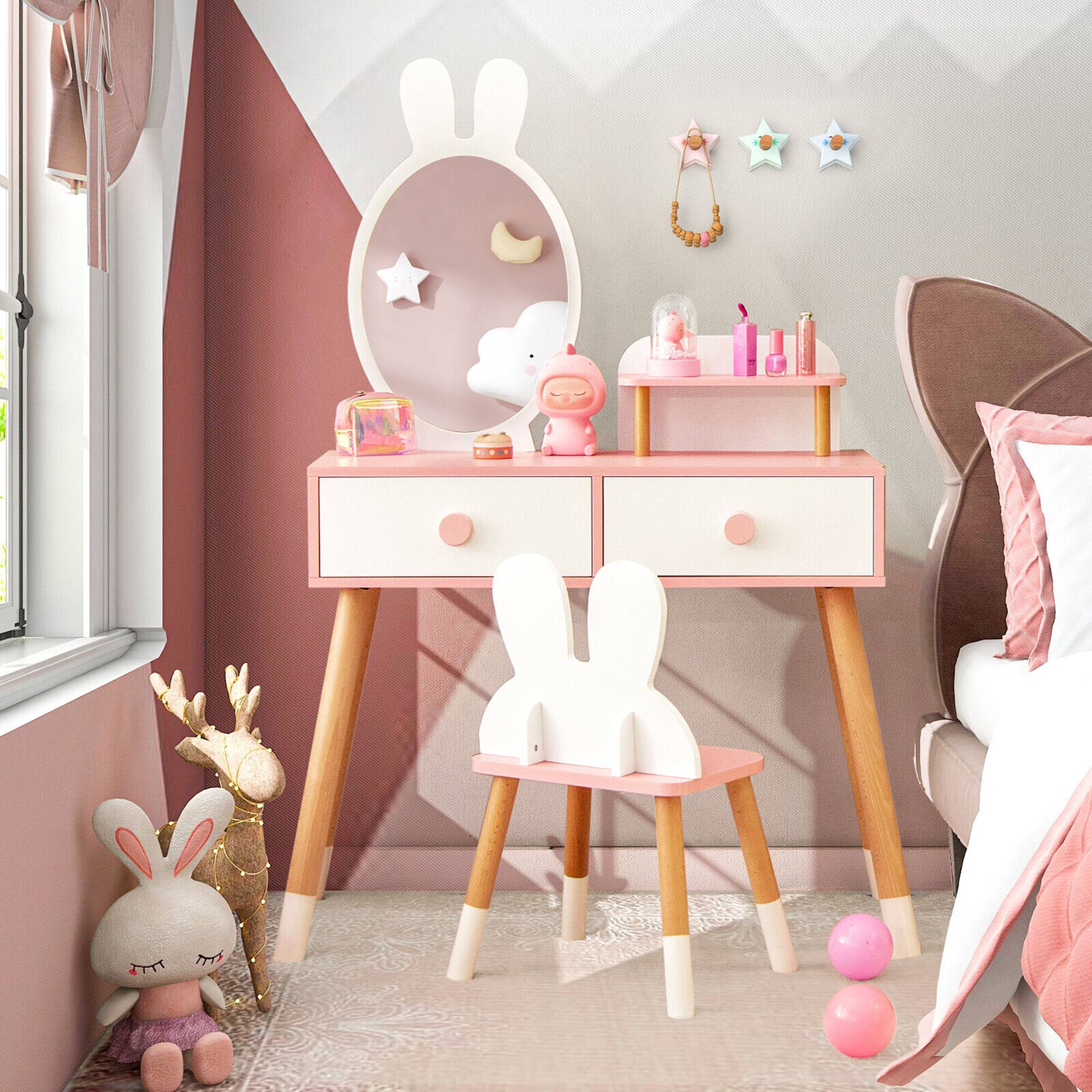 Alt View 3. Gymax - Gymax Kid Vanity Set Makeup Table Stool with Drawer Shelf Wood Leg Rabbit Mirror White - White.