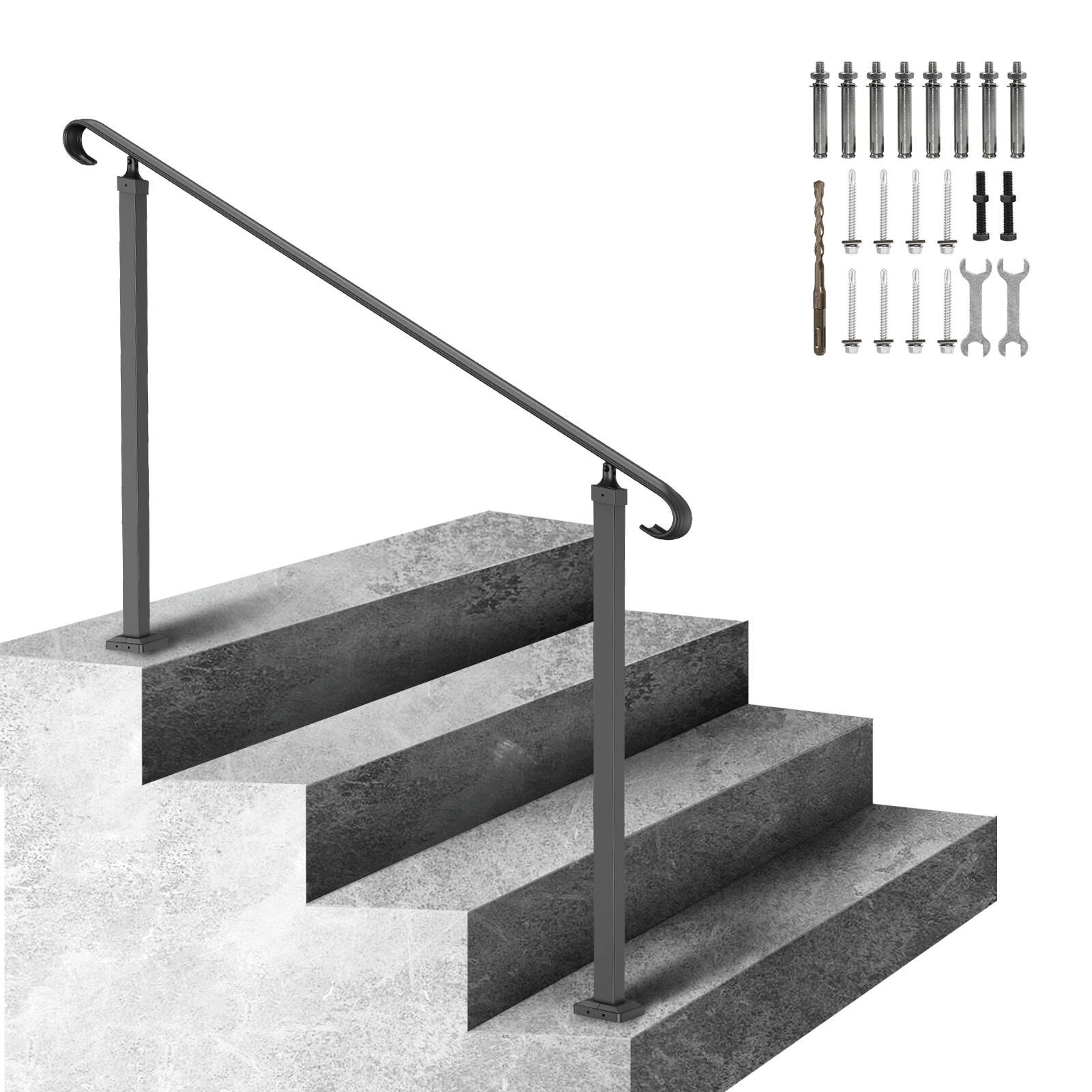 Front. VEVOR - Handrails for Outdoor Steps, Fit 3-5 Steps Outdoor Stair Railing, Wrought Iron Handrail, Flexible Front Porch Hand Rail - Black.