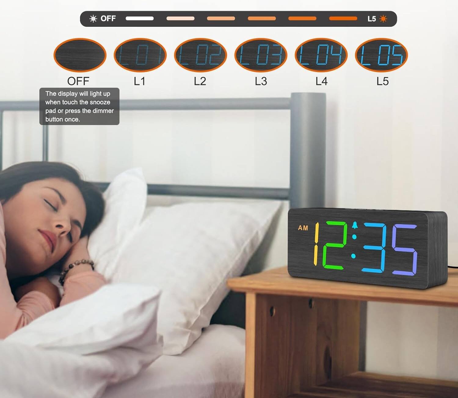 OFF L5 OFF  
The display will light up when touch the snooze pad or press the dimmer button once.  
0 L1 02 L2 03 L04 L3 L4 L5  
AM 12:35