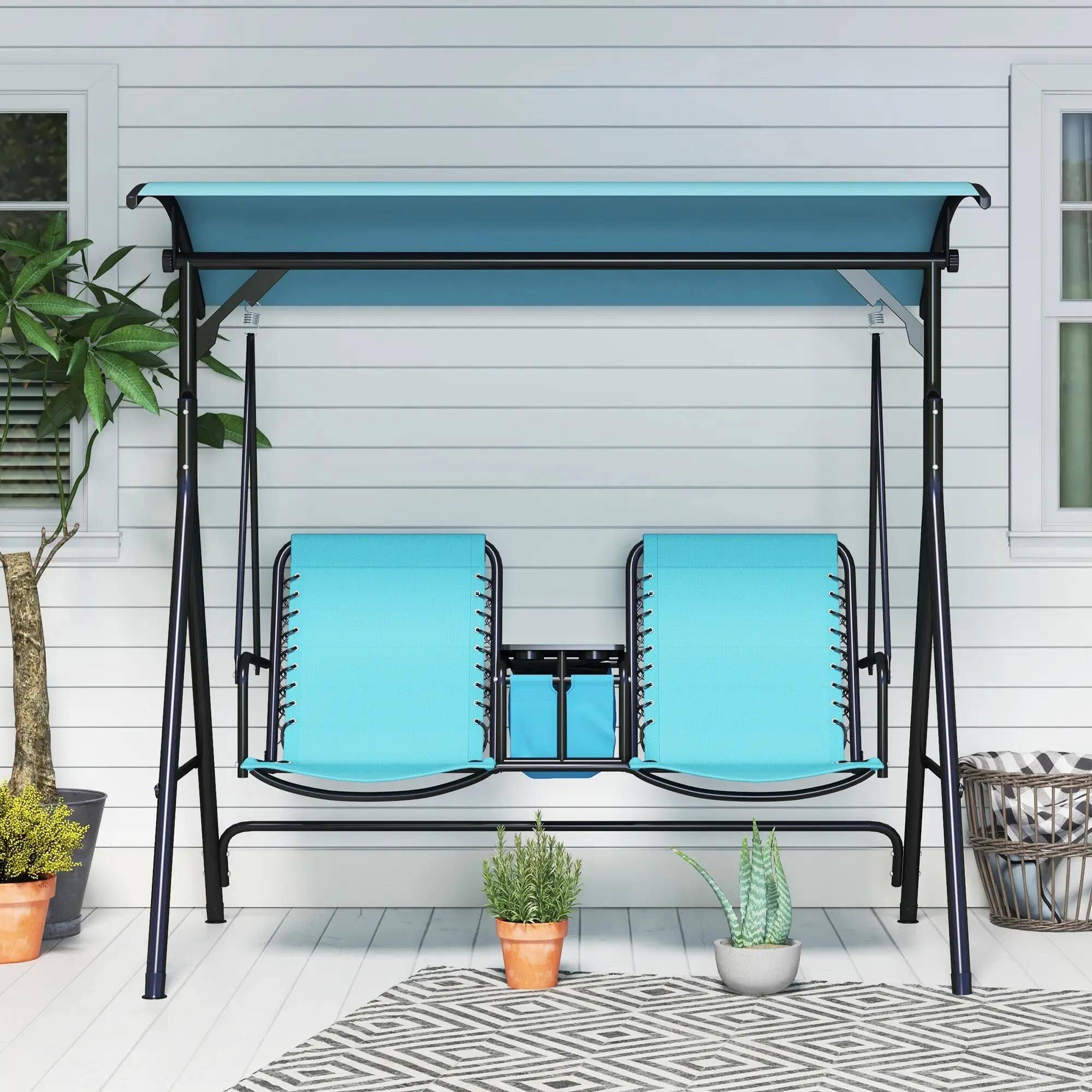 Alt View 1. Resenkos - Resenkos 2-Person Swing With Canopy, Storage, Cup Holder, Blue, Outdoor Porch Seating, Blue.