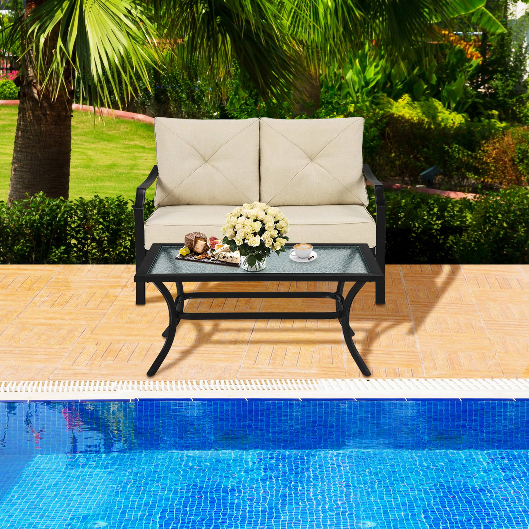 Alt View 3. Gymax - Gymax 2PCS Outdoor Loveseat Set Cushioned Patio Bench Sofa w/ Coffee Table - Beige.