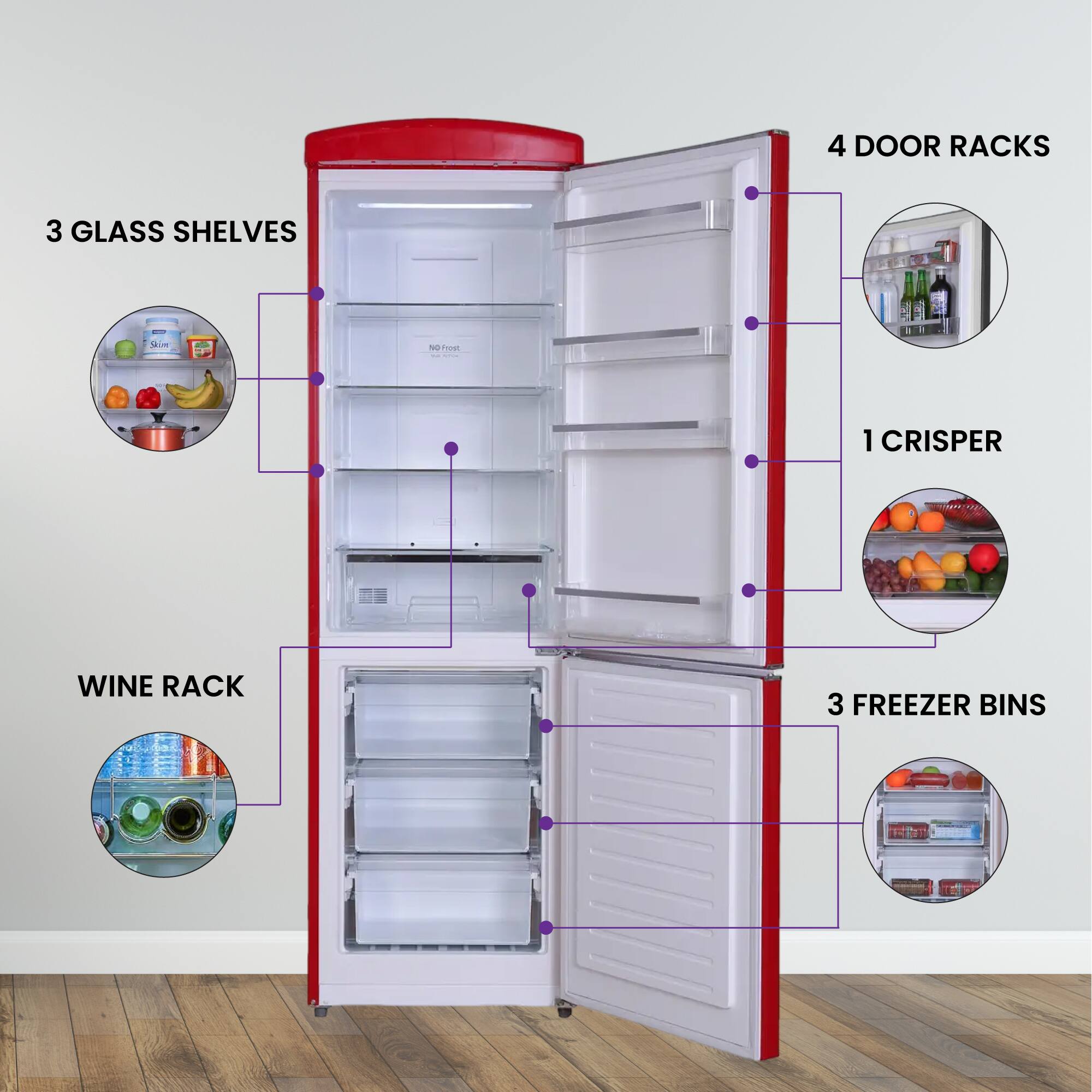 4 DOOR RACKS  
3 GLASS SHELVES  
1 CRISPER  
WINE RACK  
3 FREEZER BINS