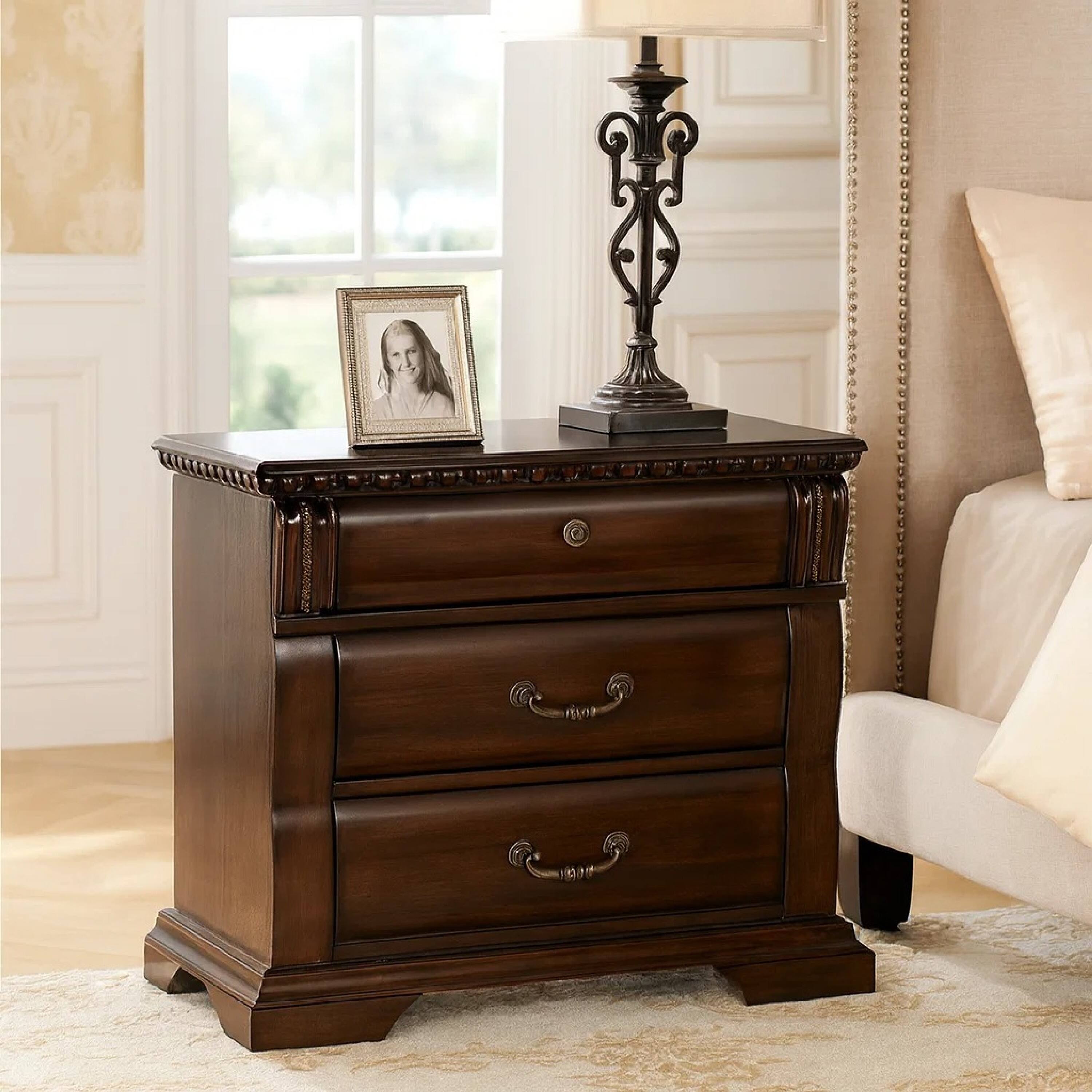 Alt View 6. Manhattan Lane - 28 Inch Bedside Nightstand, 3 Drawers with Pewter Handles - Cherry Brown, Pewter.