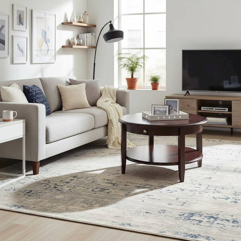 Alt View 2. FurniFact - Round Coffee Table with Drawer & Shelf - Walnut.