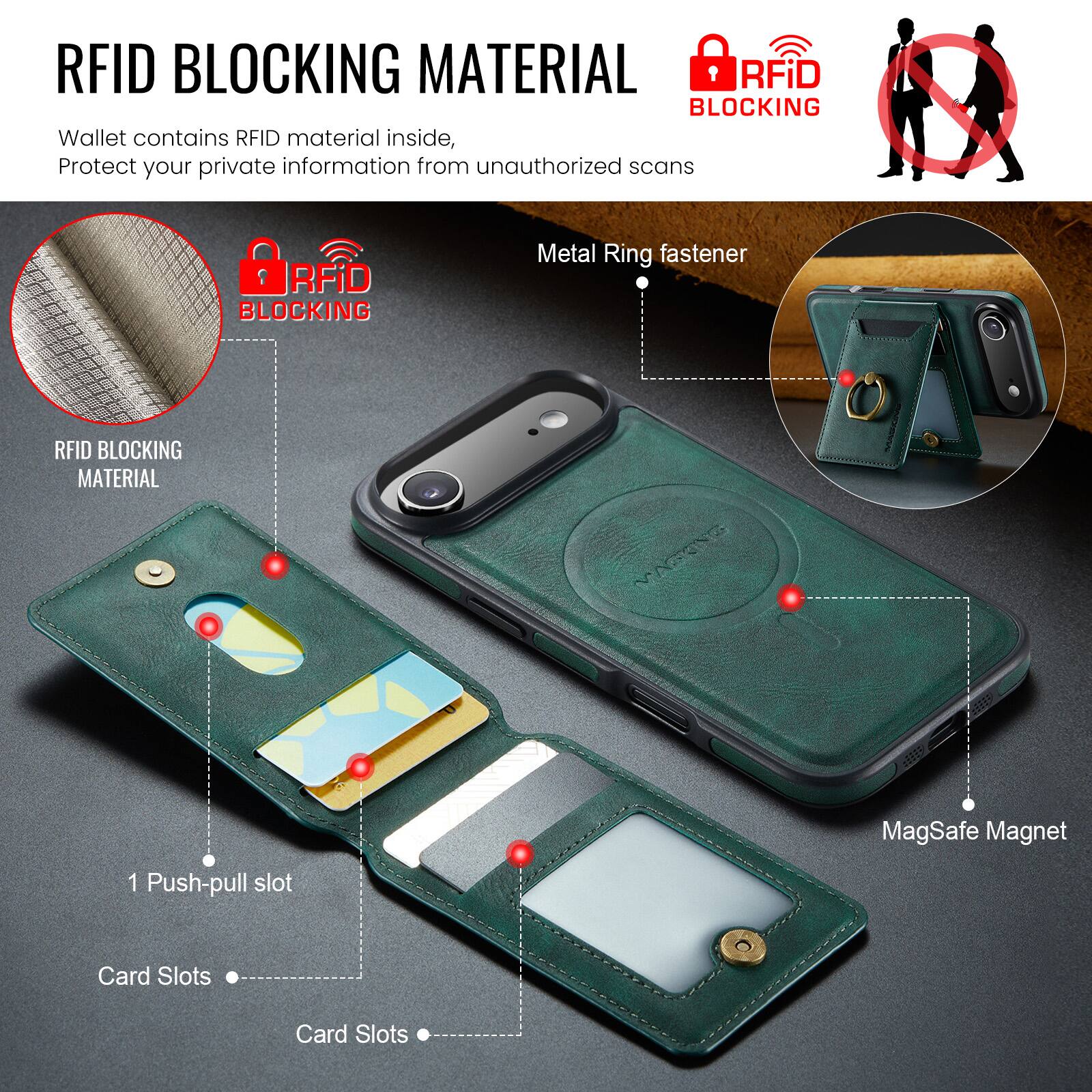 RFID BLOCKING MATERIAL

Wallet contains RFID material inside, Protect your private information from unauthorized scans

RFID BLOCKING MATERIAL

RFiD BLOCKING Metal Ring fastener

RFID BLOCKING MATERIAL

VAGENG E MagSafe Magnet

1 Push-pull slot

Card Slots

Card Slots