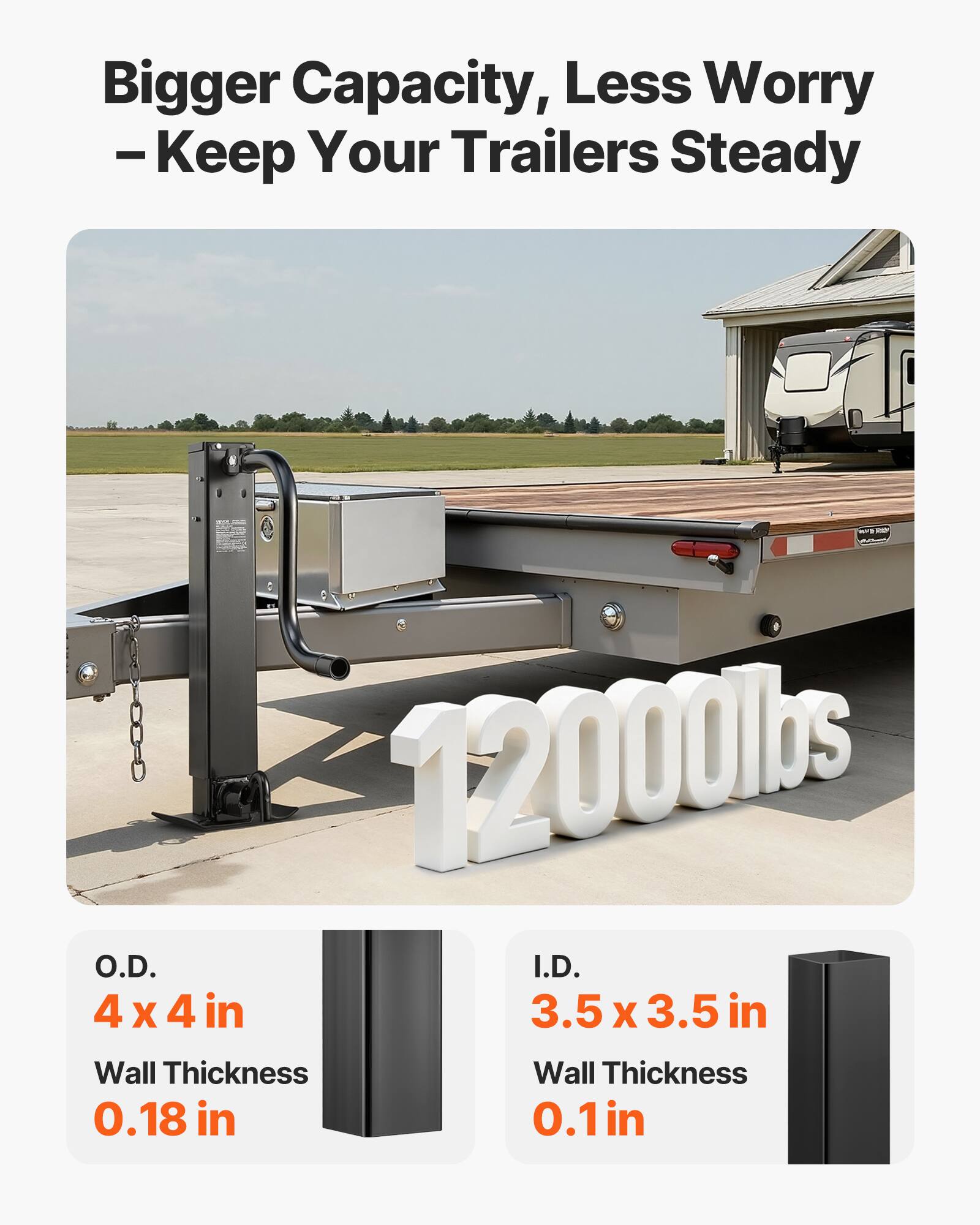 Bigger Capacity, Less Worry - Keep Your Trailers Steady

W2 - 12000lbs

O.D. 4 x 4 in
Wall Thickness 0.18 in

I.D. 3.5 x 3.5 in
Wall Thickness 0.1 in