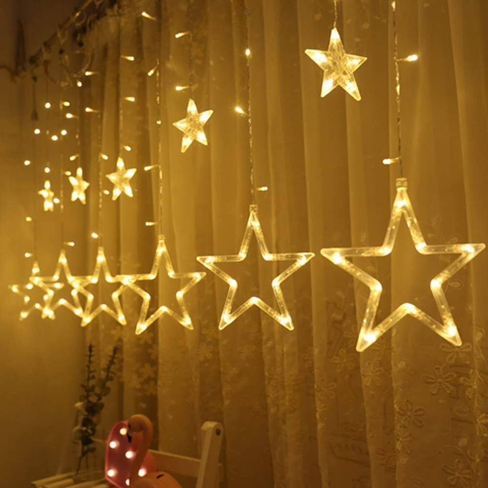 Left. MOSZAR LLC - Twinkle Star 138-LED Curtain Lights, 12 Stars, Warm White, Indoor.