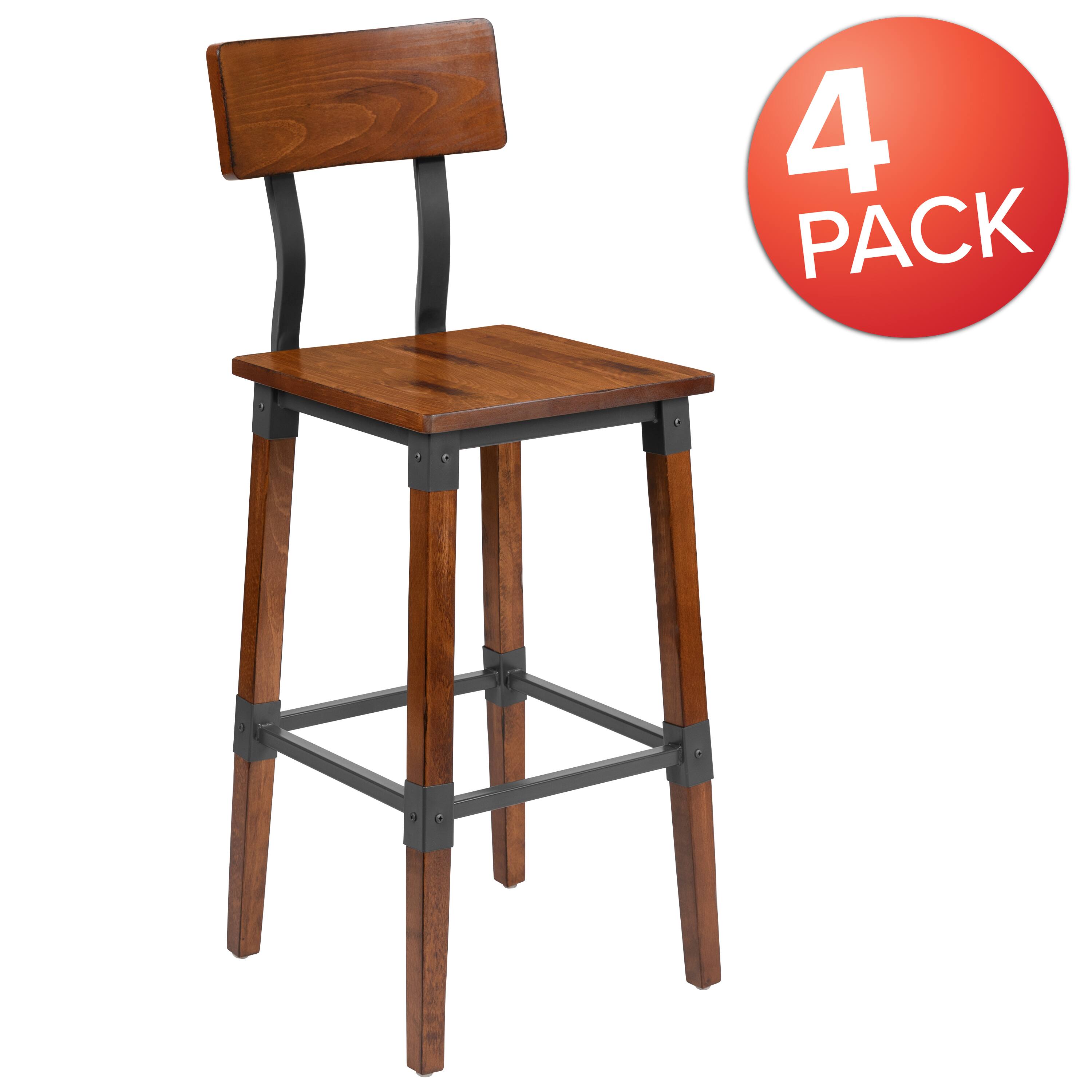 Alt View 1. Emma + Oliver - 4 Pack Commercial Grade Rustic Industrial Style Wood Dining Barstool - Walnut.