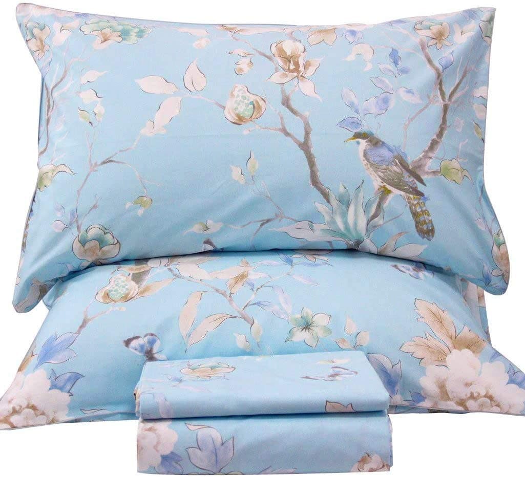 Skar Audio - Floral Queen Size Sheet Sets - Flower Bird Butterfly Print Botanical Bedding Egyptian Cotton Printed Sheets - Blue Queen