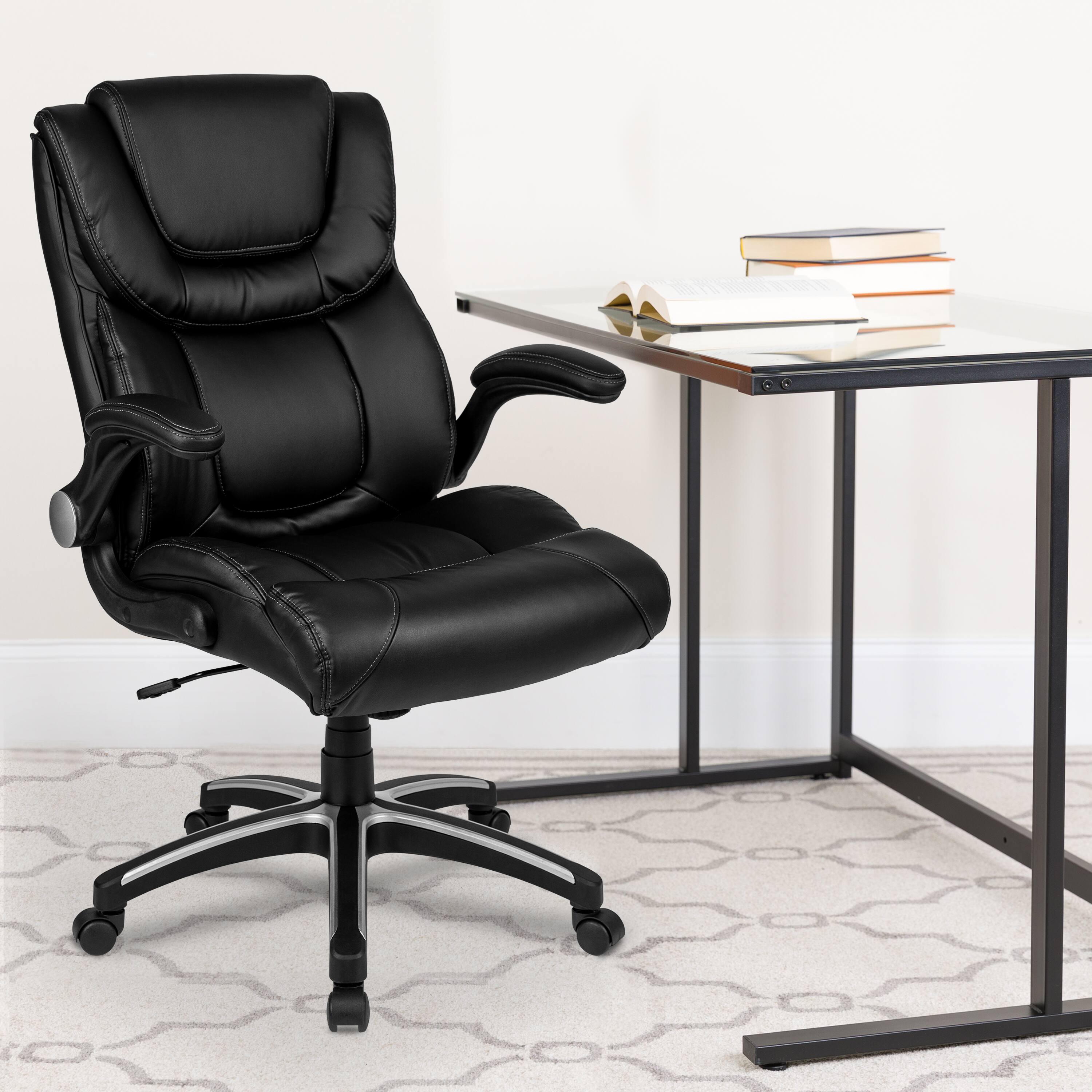 Alt View 1. Emma + Oliver - High Back Leather Executive Swivel Office Chair with Double Layered Headrest and Open Arms - Black.