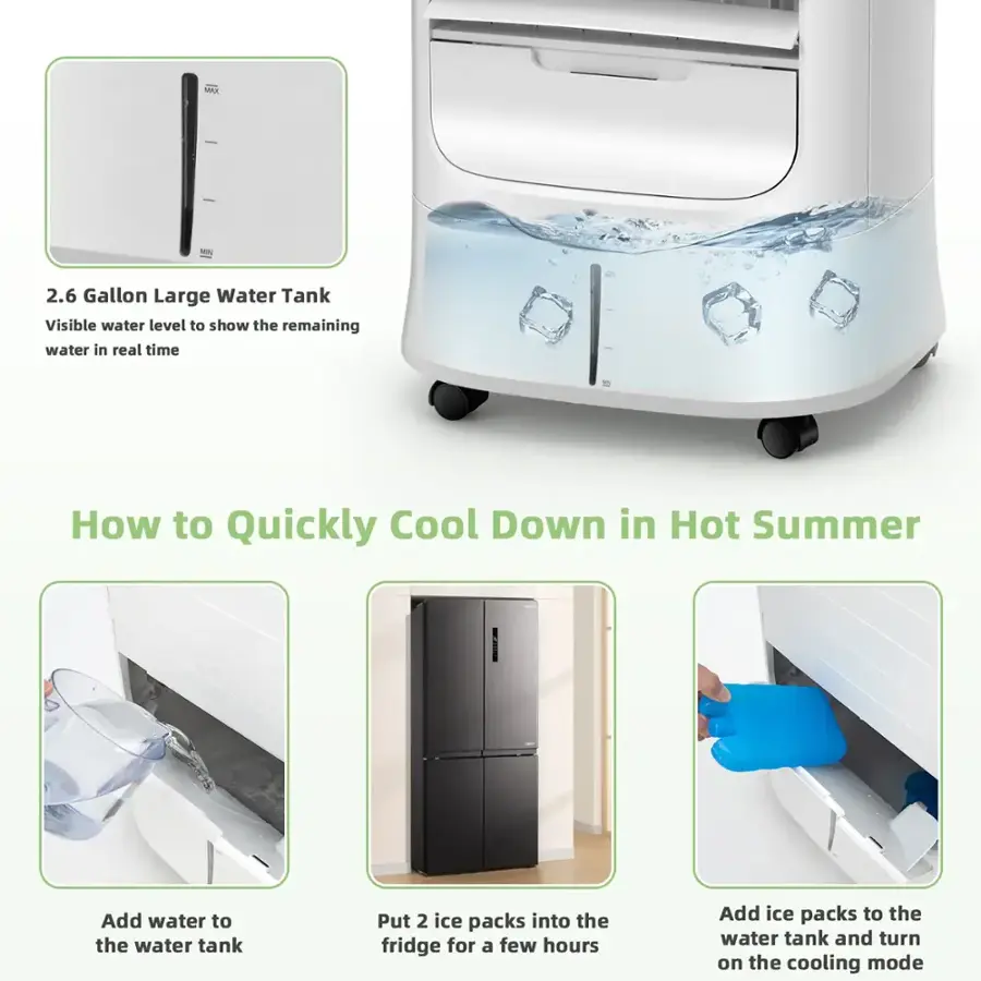 The text on the image is grouped as follows:

1. MPR Ma 2.6 Gallon Large Water Tank: Visible water level to show the remaining water in real time.
2. How to Quickly Cool Down in Hot Summer:
a. Add water to the water tank.
b. Put 2 ice packs into the fridge for a few hours.
c. Add ice packs to the water tank and turn on the cooling mode.