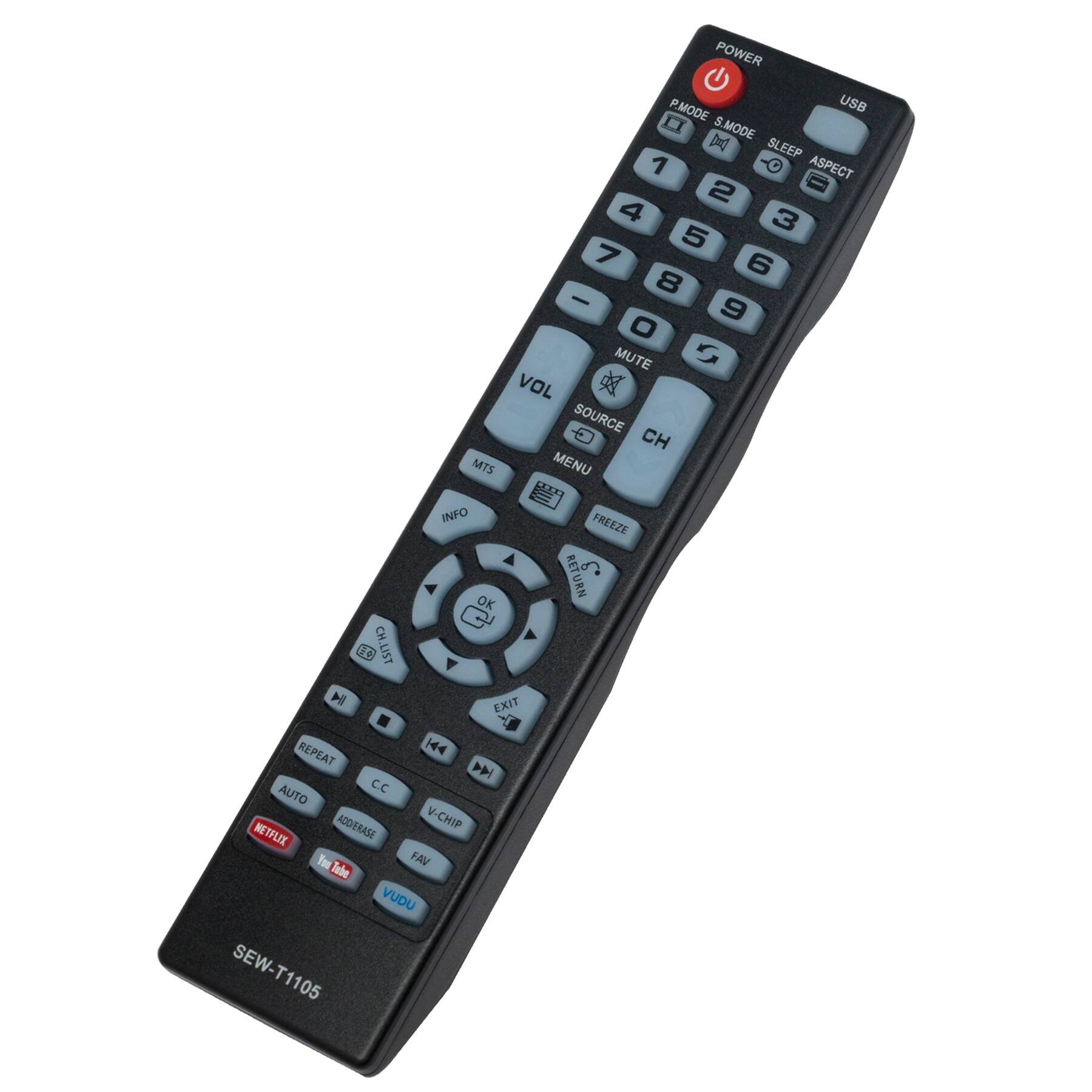 MTS POWER  
P.MODE S.MODE SLEEP ASPECT  
1 2 3 4 5 6 7 8 9 0  
MUTE VOL SOURCE CH MENU  
FREEZE RET S RETURN REPEAT  
H44 D AUTO C.C ADOIERASE V-CHIP  
NETFLIX YouTube FAV VUDU  
SEW-T1105