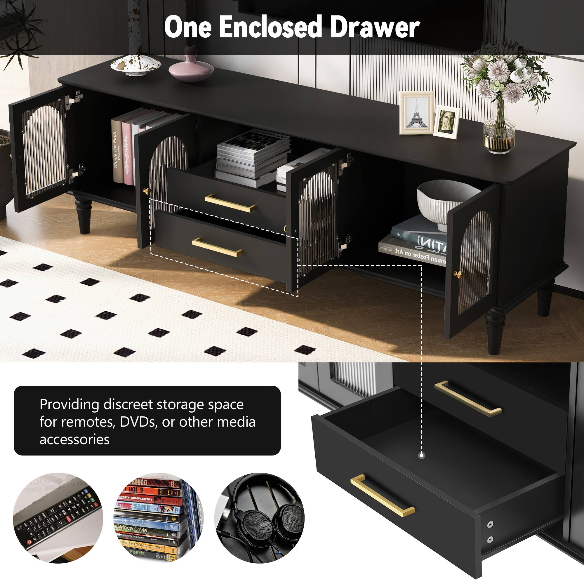 One Enclosed Drawer

Providing discreet storage space for remotes, DVDs, or other media accessories