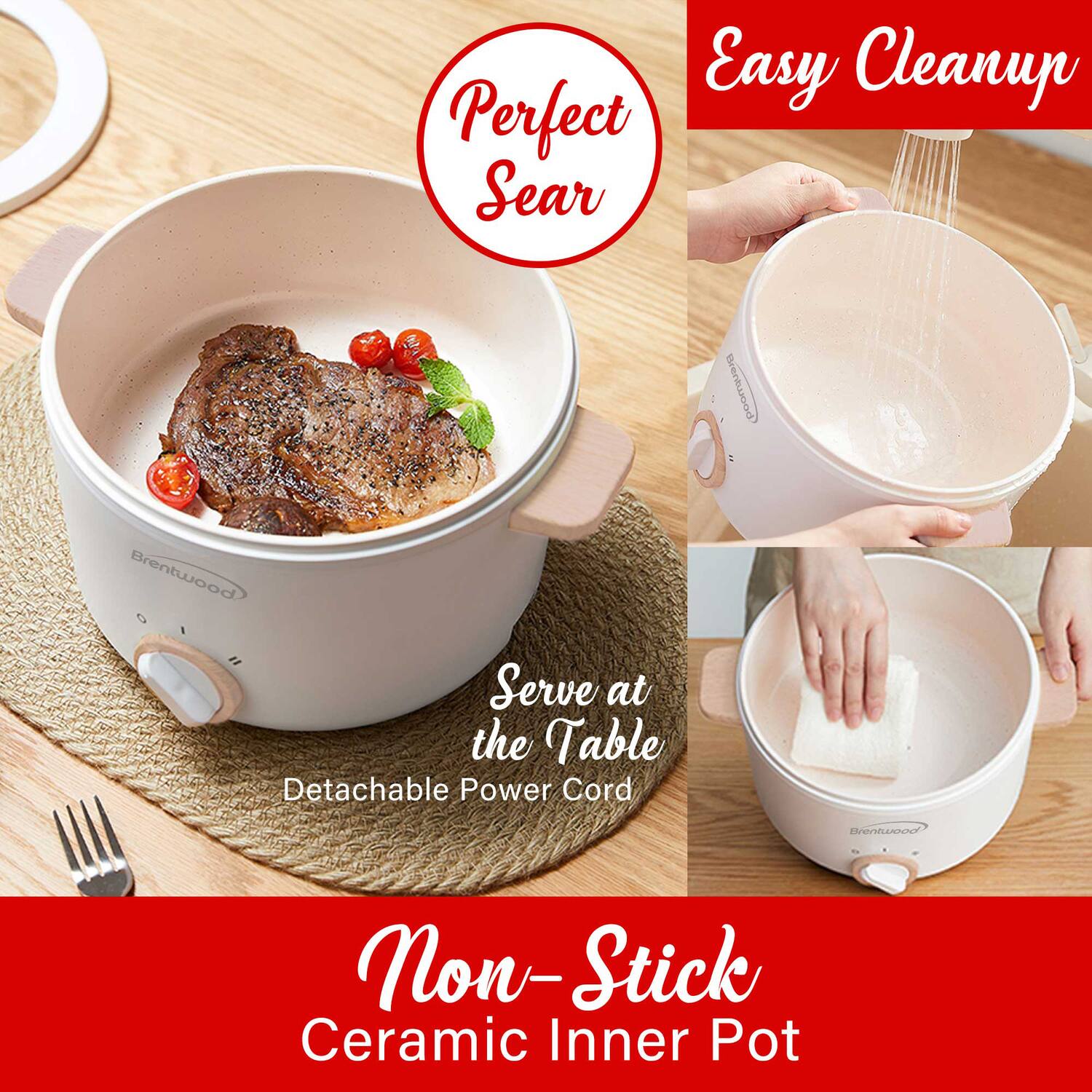 - Perfect Sear
- Easy Cleanup
- Serve at the Table
- Detachable Power Cord
- Non-Stick Ceramic Inner Pot