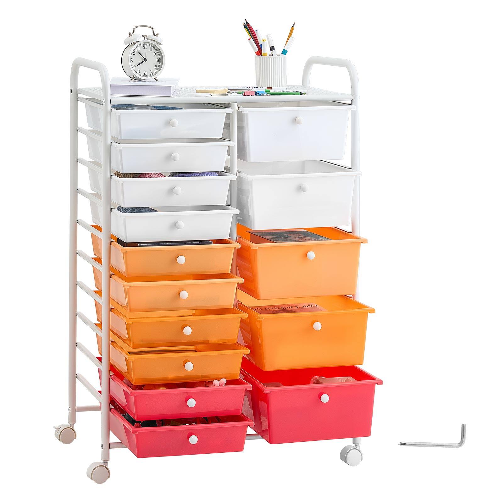 Alt View 5. VEVOR - Rolling Cart with Drawers, Double Row 15 Drawer Storage Organizer, Mobile Utility Cart, Steel Frame, Universal Casters - White, Orange, Red.