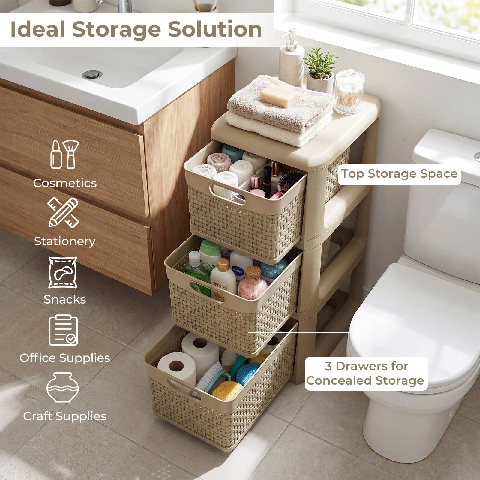 Ideal Storage Solution

- Cosmetics
- Stationery
- Snacks
- Office Supplies
- Craft Supplies

Top Storage Space

3 Drawers for Concealed Storage