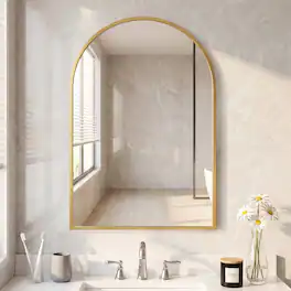 Sweetcrispy - 24" x 36" Arch Framed Bathroom Wall Mirror, Shatterproof Vanity Mirror, Anti-Rust, Hanging or Leaning - Gold