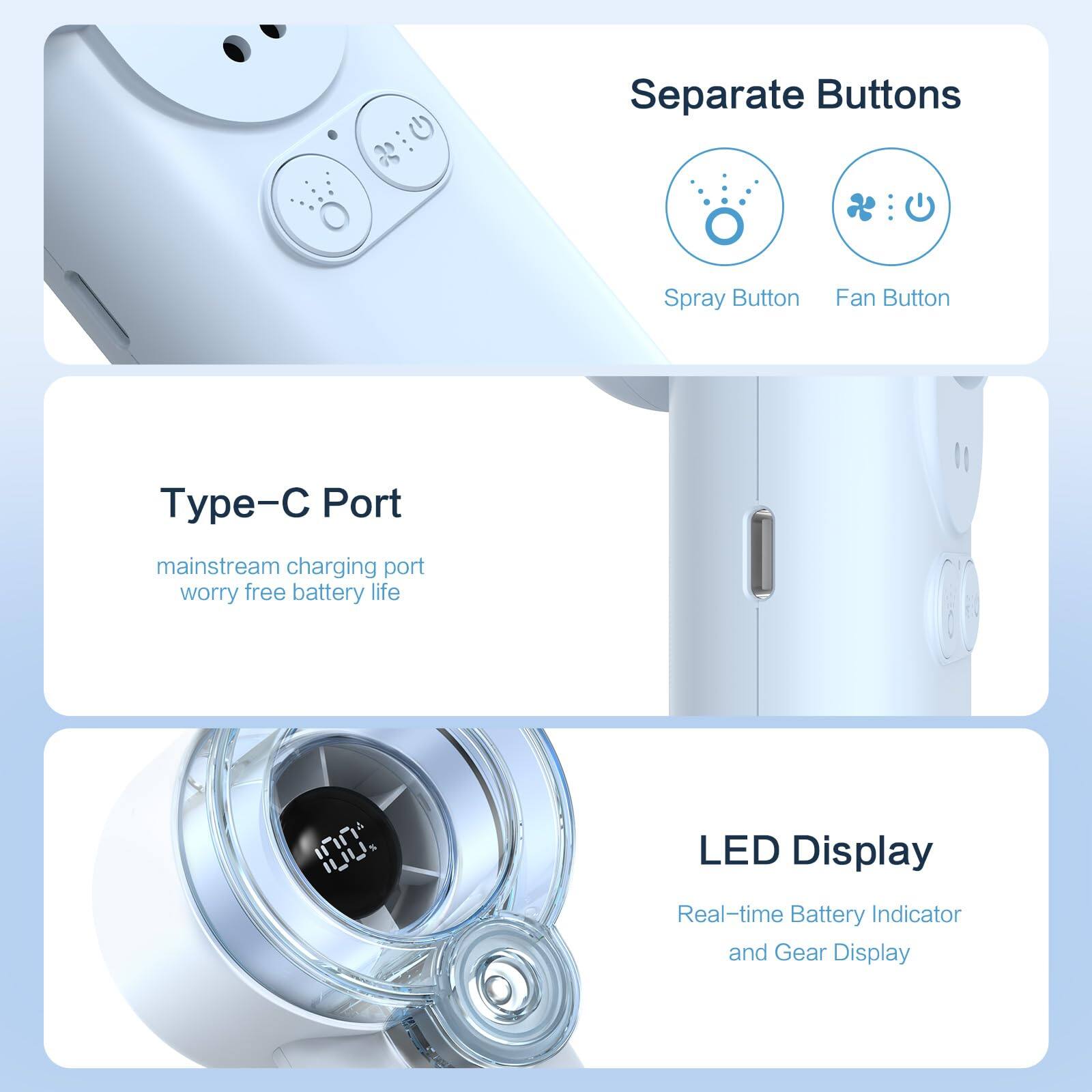 Separate Buttons Spray Button Fan Button - Port mainstream charging port worry free battery life  
IUU LED Display Real-time Battery Indicator and Gear Display