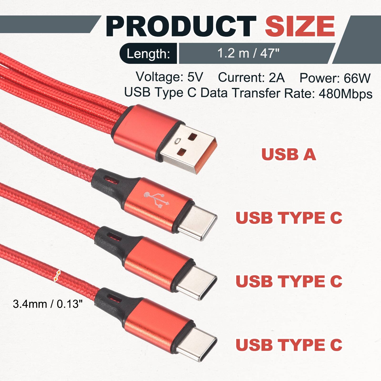 PRODUCT SIZE  
Length: 1.2 m / 47"  
Voltage: 5V  
Current: 2A  
Power: 66W  
USB Type C Data Transfer Rate: 480Mbps  

USB A  
USB TYPE C  
USB TYPE C  
USB TYPE C  

3.4mm / 0.13"
