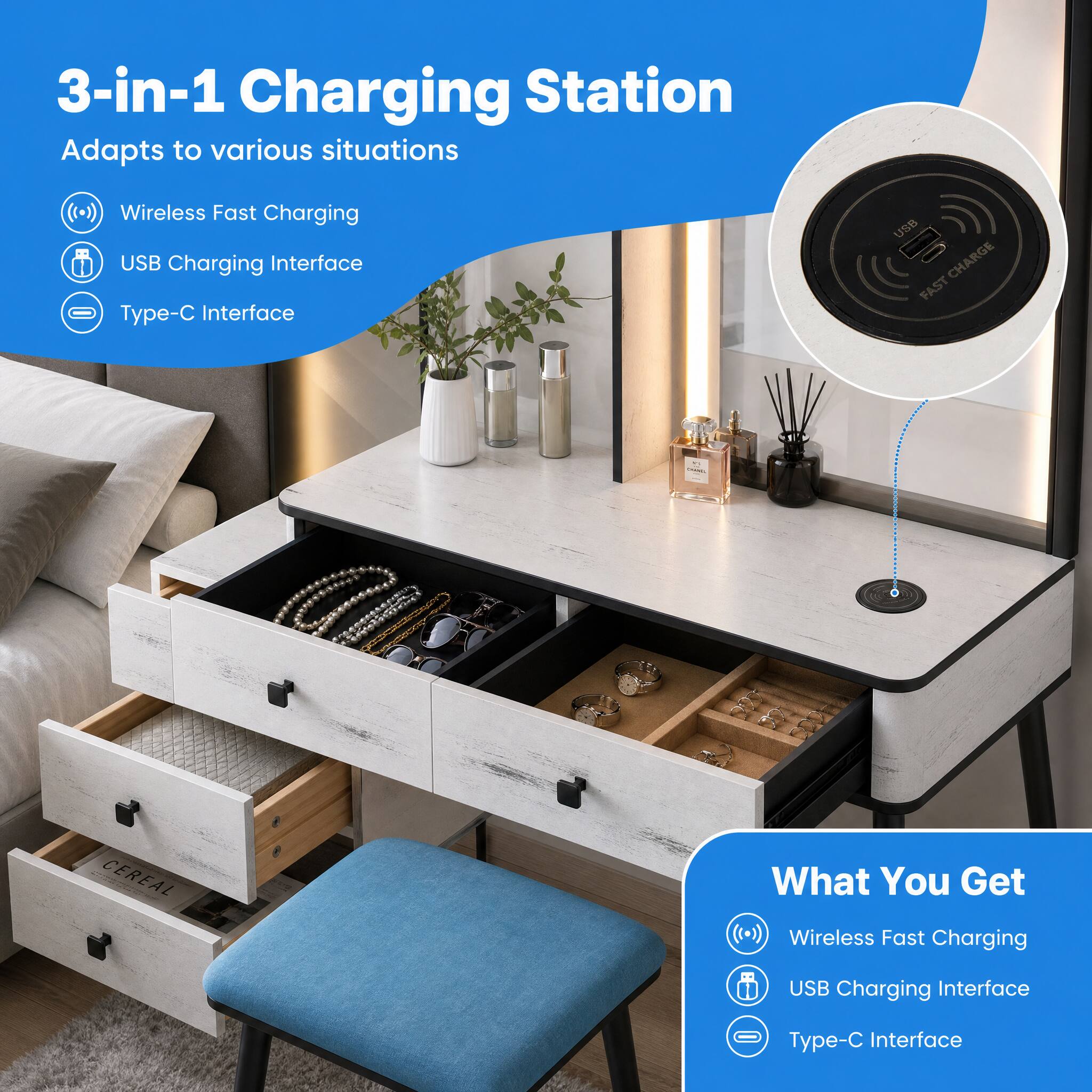 3-in-1 Charging Station  
Adapts to various situations

Wireless Fast Charging  
USB Charging Interface  
Type-C Interface

What You Get  
Wireless Fast Charging  
USB Charging Interface  
Type-C Interface