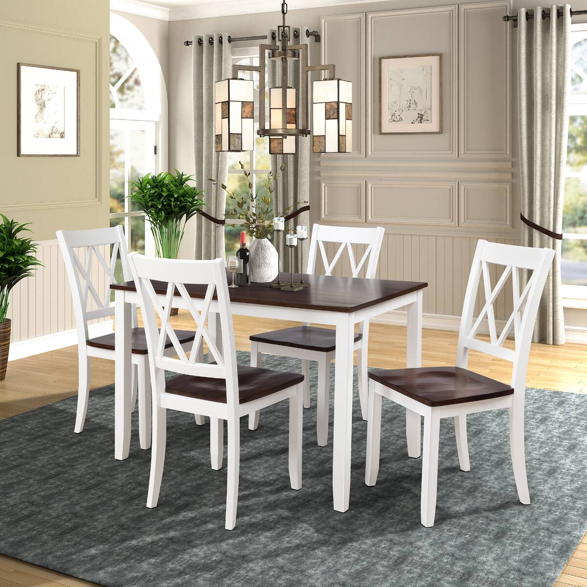 Back. Loheer - Loheer 5 Piece Dining Table Set Espresso White Rectangular Wood Table with Four Chairs - Espresso top and white frame.