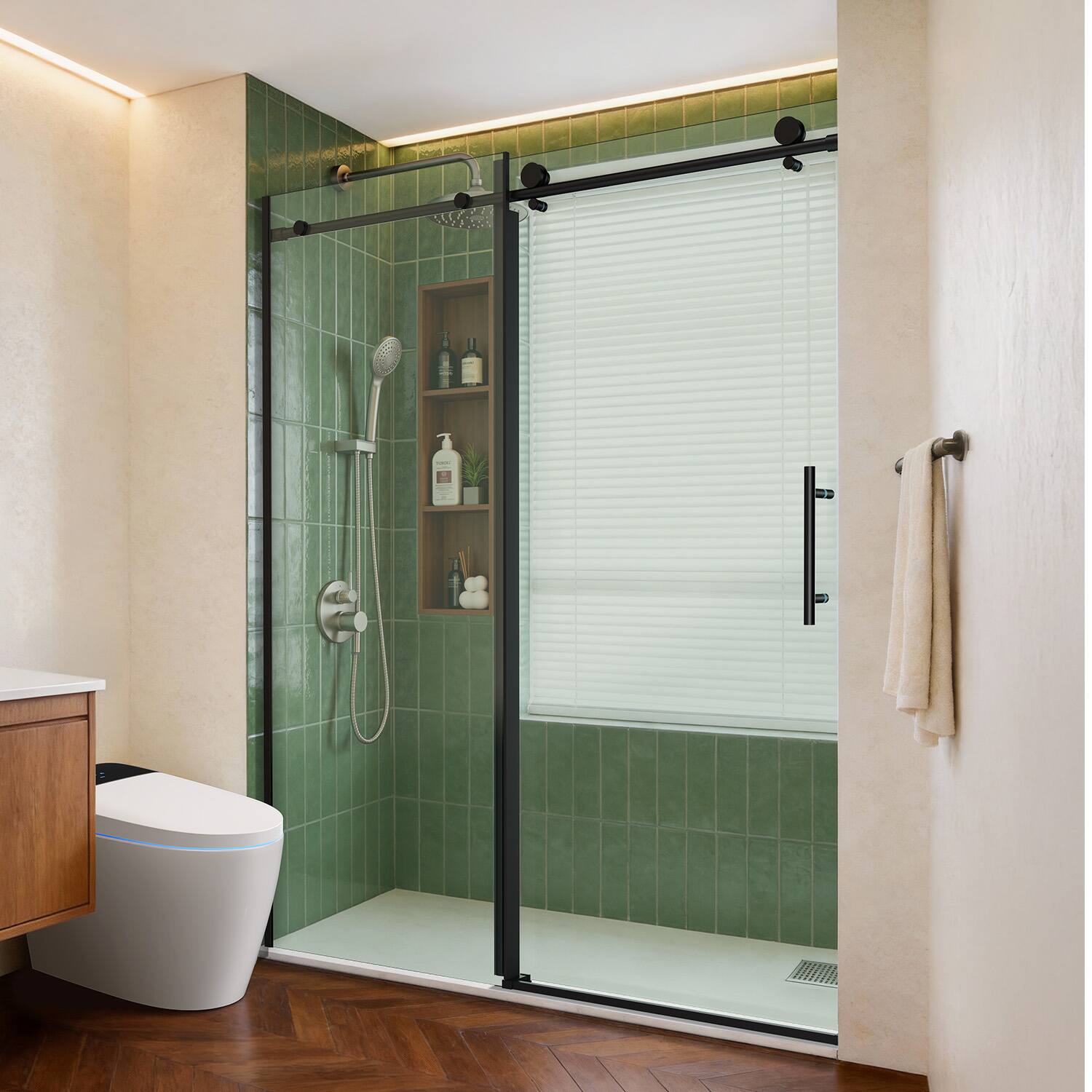 Angle. Koligey - 56-60"W x 76"H Semi-Frameless Sliding Shower Door-10mmTempered Glass|Stainless SteelAnti-Rust Hardware - black.