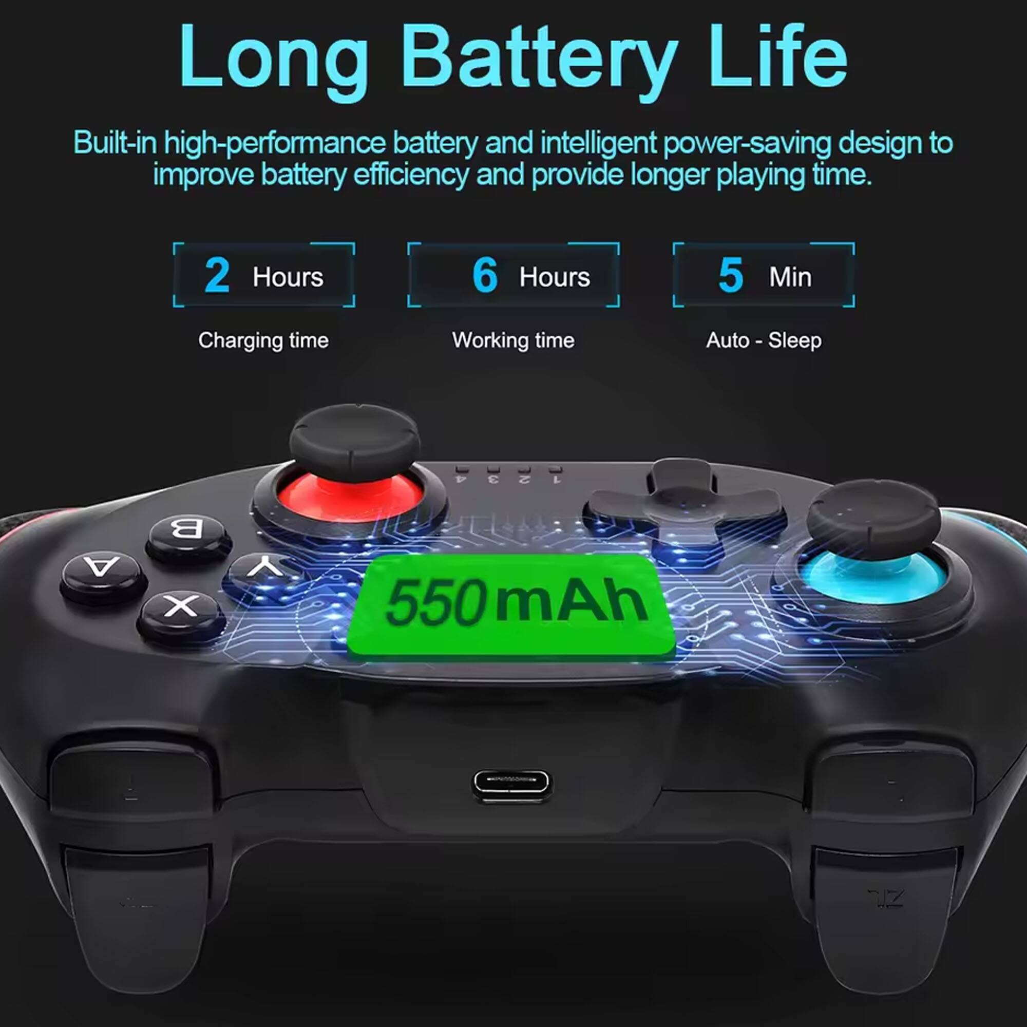 Long Battery Life

Built-in high-performance battery and intelligent power-saving design to improve battery efficiency and provide longer playing time.

- 2 Hours: Charging time
- 6 Hours: Working time
- 5 Min: Auto - Sleep

550 mAh