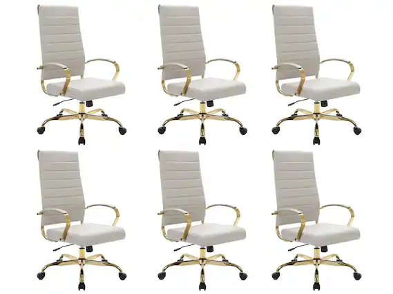 Front. LeisureMod - Set of 6 Benmar Modern High-Back Leather Conference Office Chair with Gold Steel Frame, Swivel, and Tilt - Tan.