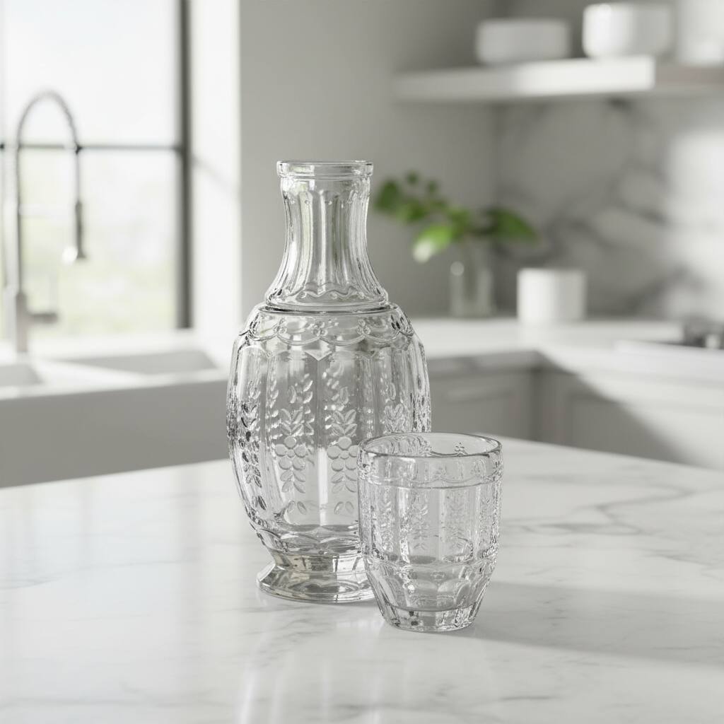 Left. Jay Import - Vintage Carafe 2Pc Set 33.8OZ. 1000Ml - Clear.