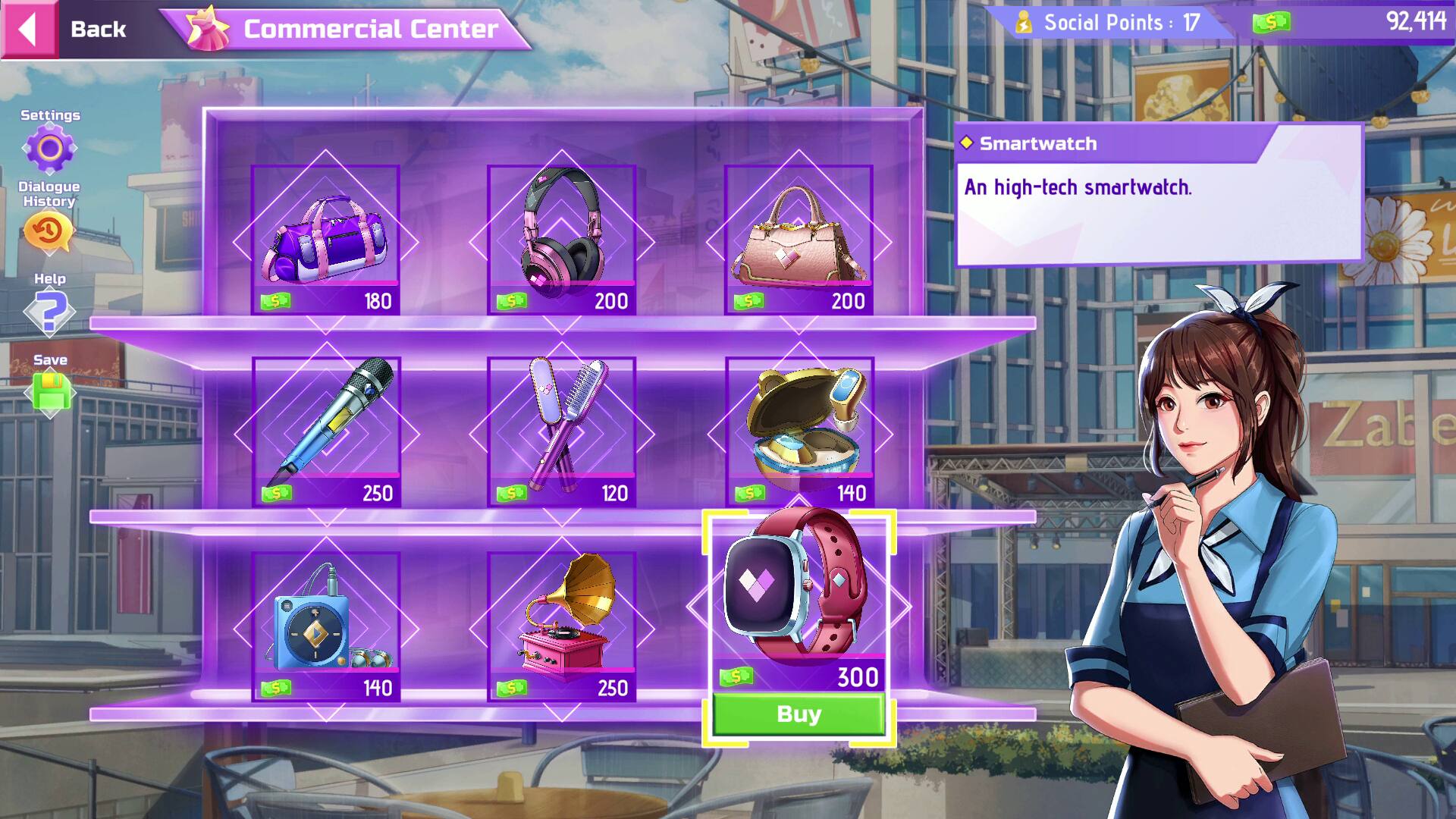 **Commercial Center**

- **Social Points:** 17
- **Points:** 92,414

**Items:**
- Smartwatch: An high-tech smartwatch. (300)
- Purple Bag: 180
- Headphones: 200
- Handbag: 200
- Pen: 250
- Hairbrush: 120
- Keychain: 140
- Speaker: 250

**Buttons:**
- Back
- Settings
- Dialogue
- Help
- Save

**Buy Button:** 300