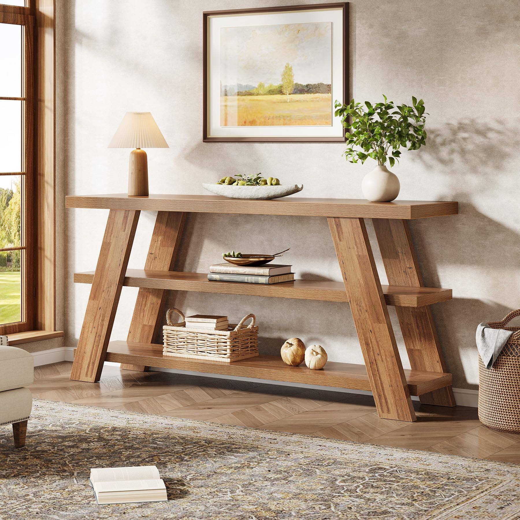 Alt View 1. Tribesigns - 70.9" Extra Long Console Table with Storage, 3-Tier Narrow Wooden Sofa Table Behind The Couch, Farmhouse Entry Foyer Tab - Brown.