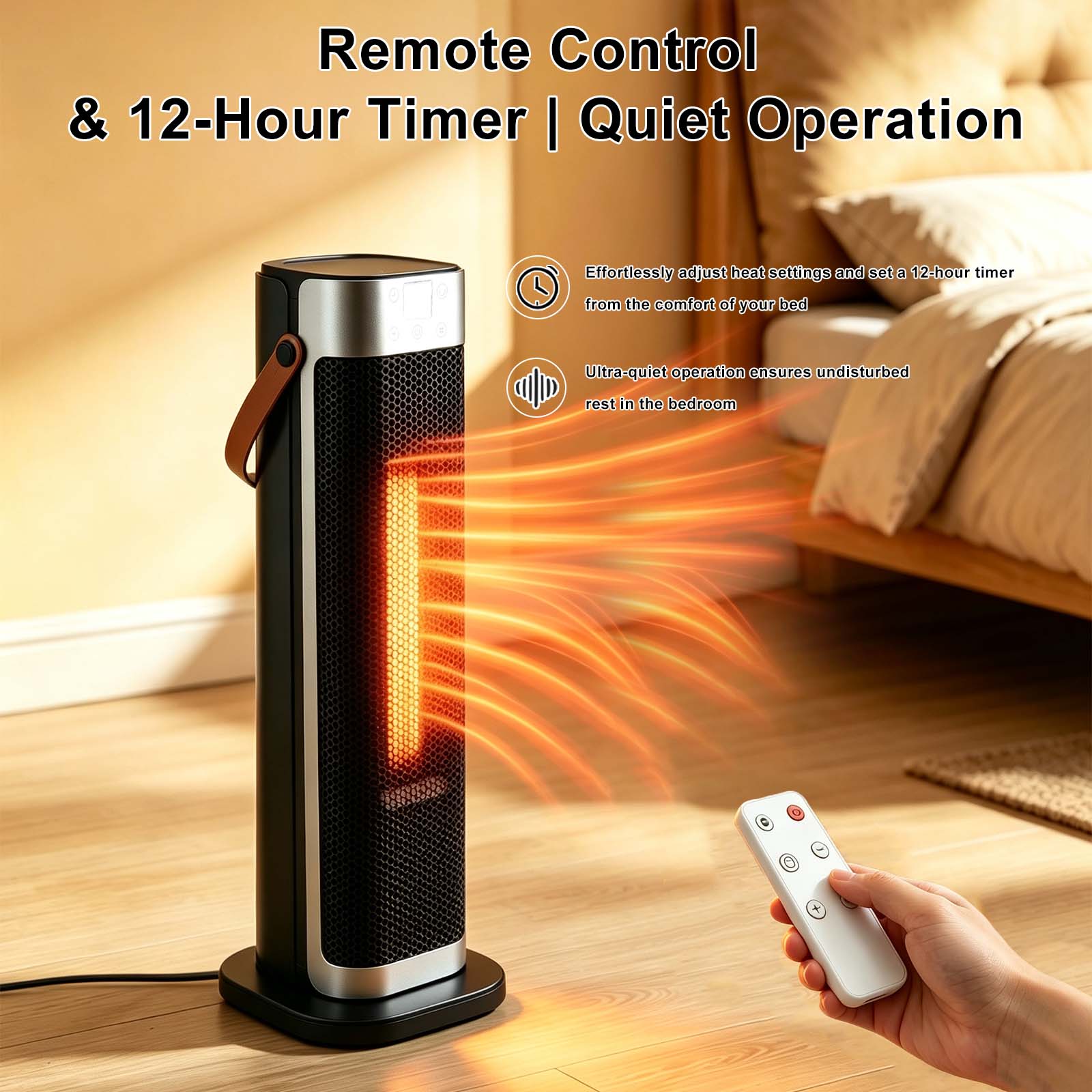 Remote Control & 12-Hour Timer | Quiet Operation

Effortlessly adjust heat settings and set a 12-hour timer from the comfort of your bed

Ultra-quiet operation ensures undisturbed rest in the bedroom