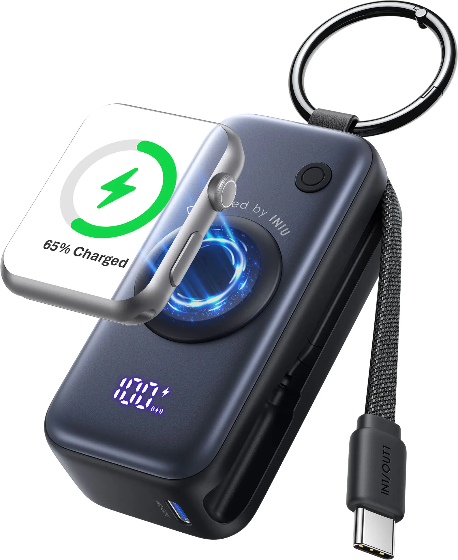 INIU - Mini Portable Charger, Power Bank for Apple Watch & iPhone, 5000mAh 20W PD Fast Charging with Built-in Cable - White