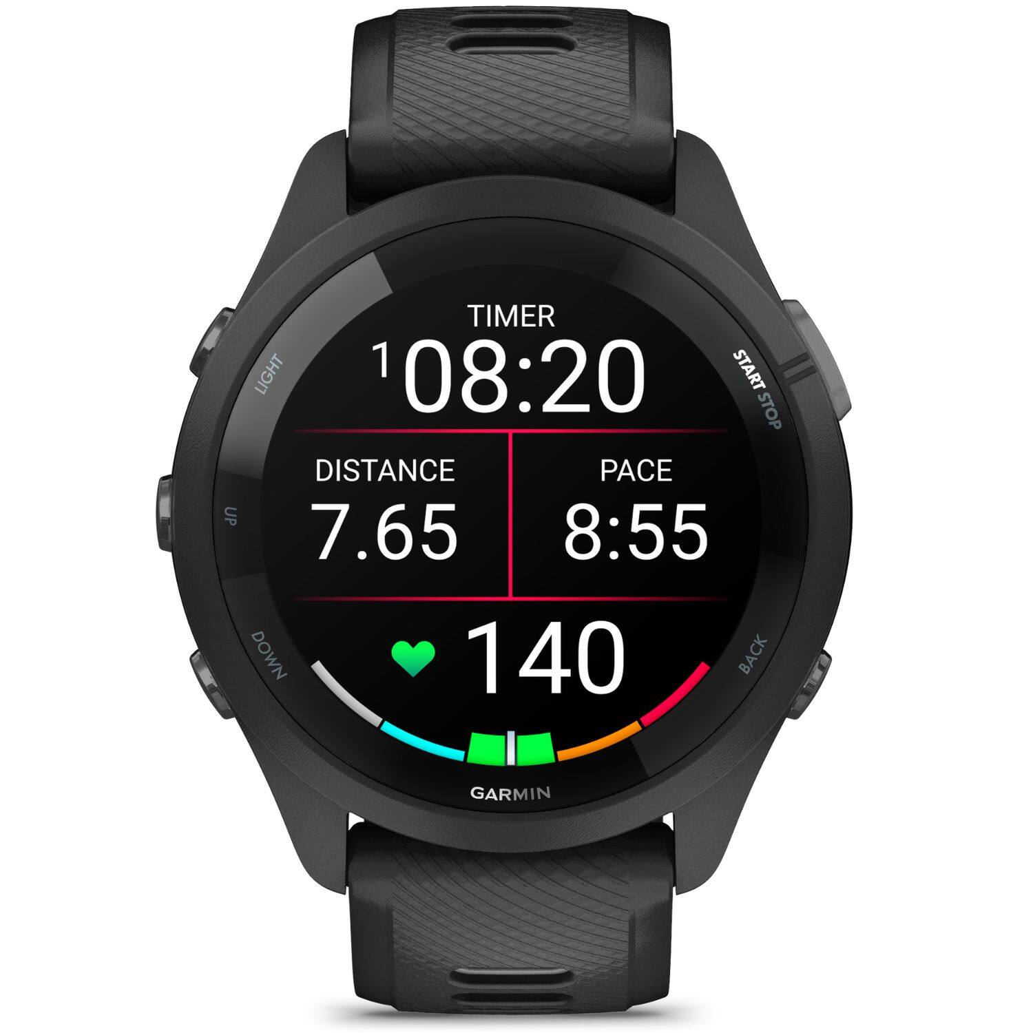 TIMER 108:20 START STOP DISTANCE 7.65 PACE 8:55 UP 140 DOWN BACK GARMIN