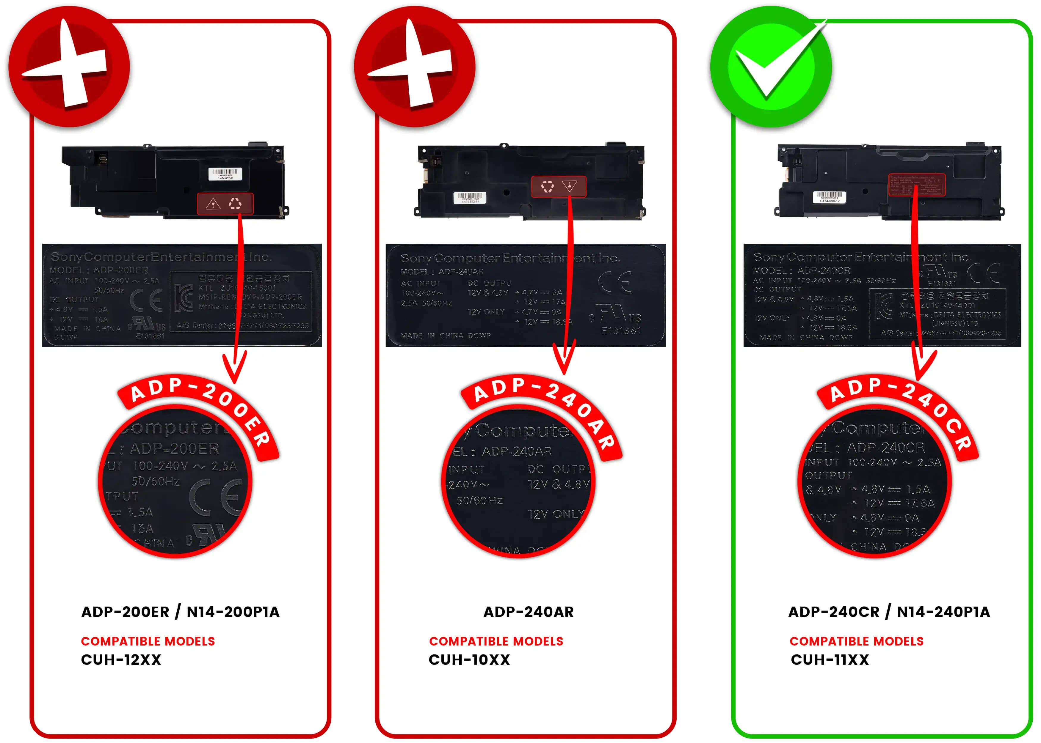 Sure, here is the corrected and grouped text from the image:

---

**ADP-200ER**

- Sony Computer Entertainment Inc.
- MODEL: ADP-200ER
- AC INPUT: 100-240V ~ 2.5A 50/60Hz
- DC OUTPUT: 12V & 4.8V
  - 12V: 1.5A
  - 4.8V: 1.5A
- CE
- MSIP-REM
- VP-ADP-2000
- Michama: ITA ELECTRONICS
- 2.8V 1.5A ANGSU LT2. 12V 15A
- MADE IN CHINA
- LR US AC Center: 02d0 7775/0607237235
- DW E131567
- ADP-200ER
- 200ER
- INPUT 100-240V 2.5A 50/60Hz
- OUTPUT CE I 3.